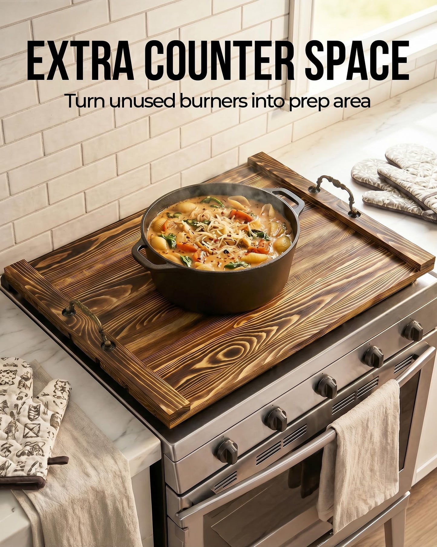 Natapai Natural Wood Noodle Board Stove Cover, Wooden Stove Top Cover for Electric and Gas Stove, Decorative Rustic Kitchen Serving Tray