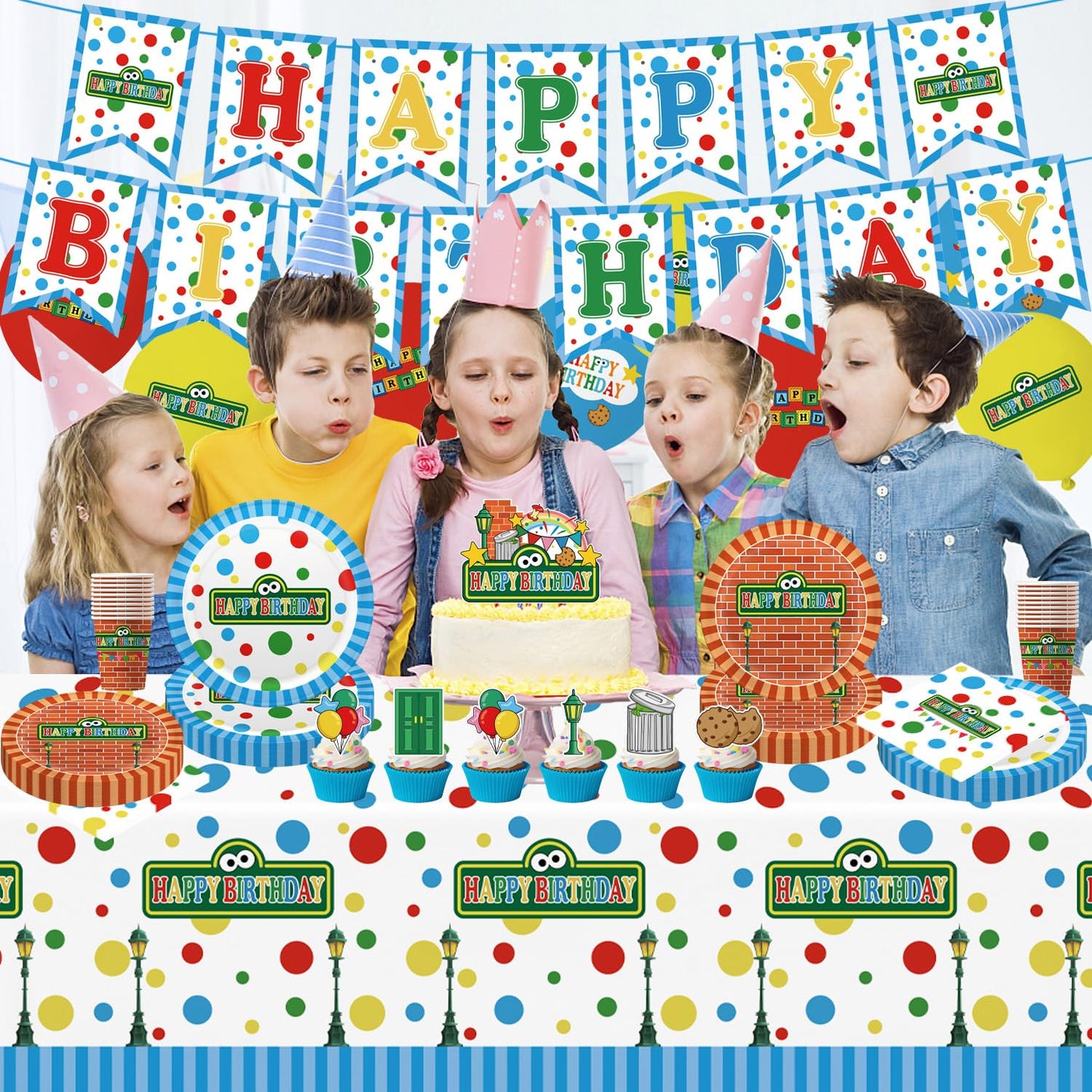104pcs Birthday Party Decorations Cute Theme Tableware Set Include 9 Inches Plates, 7 Inches Plates, Happy Birthday Banner, Ballons, Napkins, Cups, Tablecloth, Cake Toppers and Cupcake Toppers