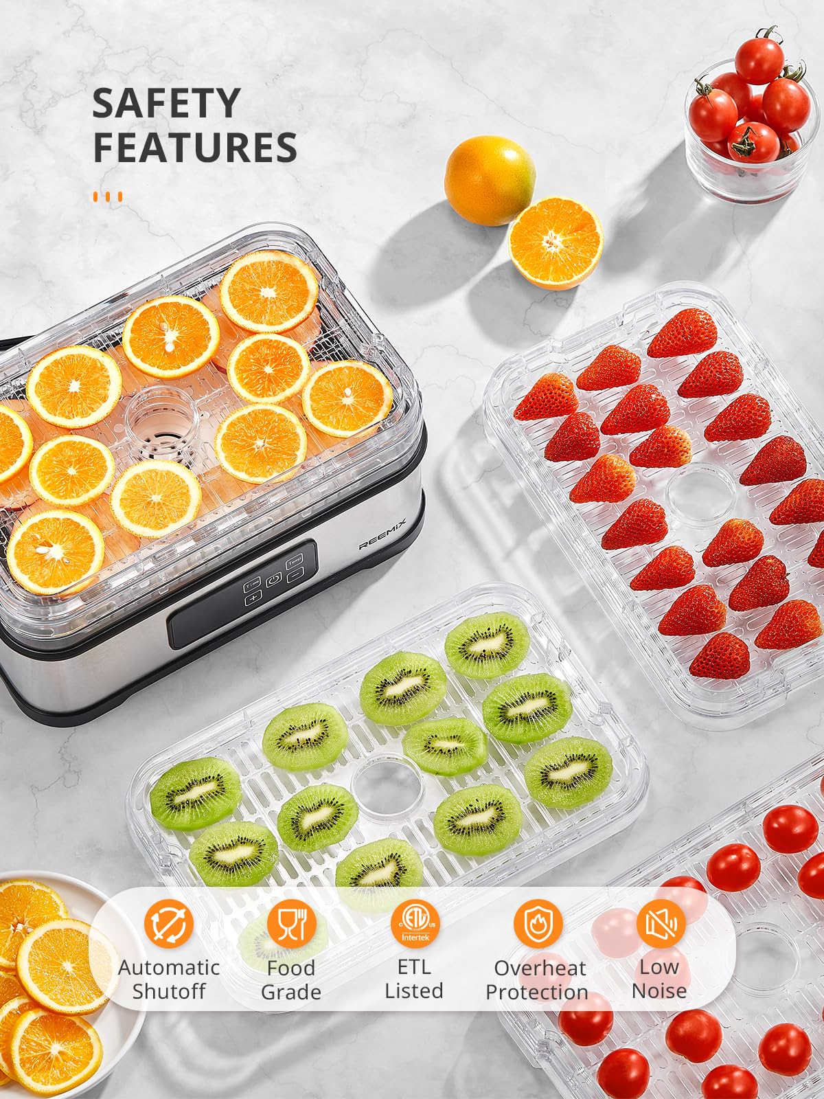 Reemix 5-Tier Compact Food Dehydrator - BPA-Free Trays, Stainless Steel Base, Touch Control LCD Display for Temperature/Time Adjustment, Home Use Dryer for Fruits, Veggies & Jerky