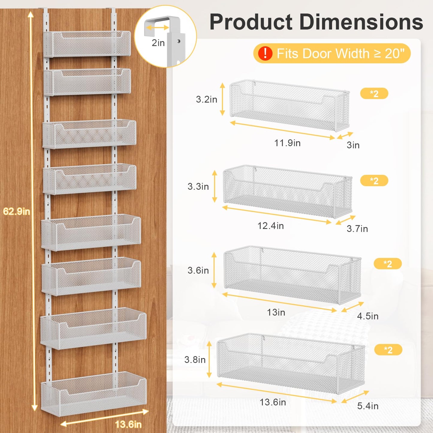 VyGrow Over the Door Organizer, 8-Tier Pantry Organizer with Fully Enclosed Mesh Baskets, Heavy-Duty Metal Hanging Spice Rack for Kitchen Bathroom Laundry Room, 2-in-1 Wall Mount or Door Mount, White