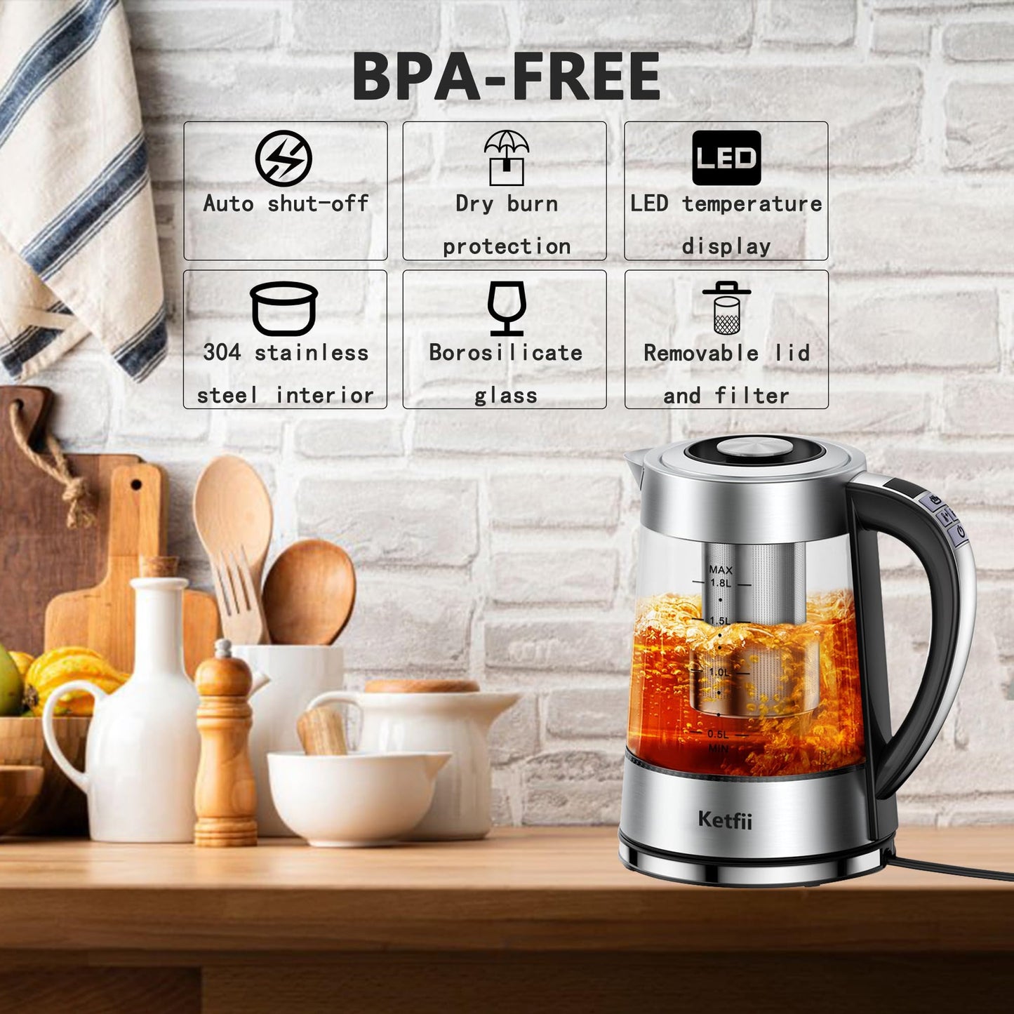 Electric Kettle with British Strix Thermostat, 1.8L 1500W, 24-Hour Keep Warm, Removable Lid, Glass Tea Kettle & Hot Water Boiler, BPA-FREE, Auto Shut-Off & Boil-Dry Protection, 304 Stainless Steel