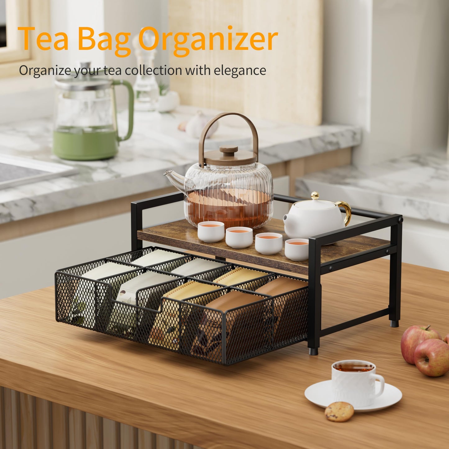 Segtenant Tea Bag Organizer, Tea Bag Holder with Drawer, Wood and Metal Tea Organizers and Storage Chest for Countertop Kitchen, Office, Rustic Brown