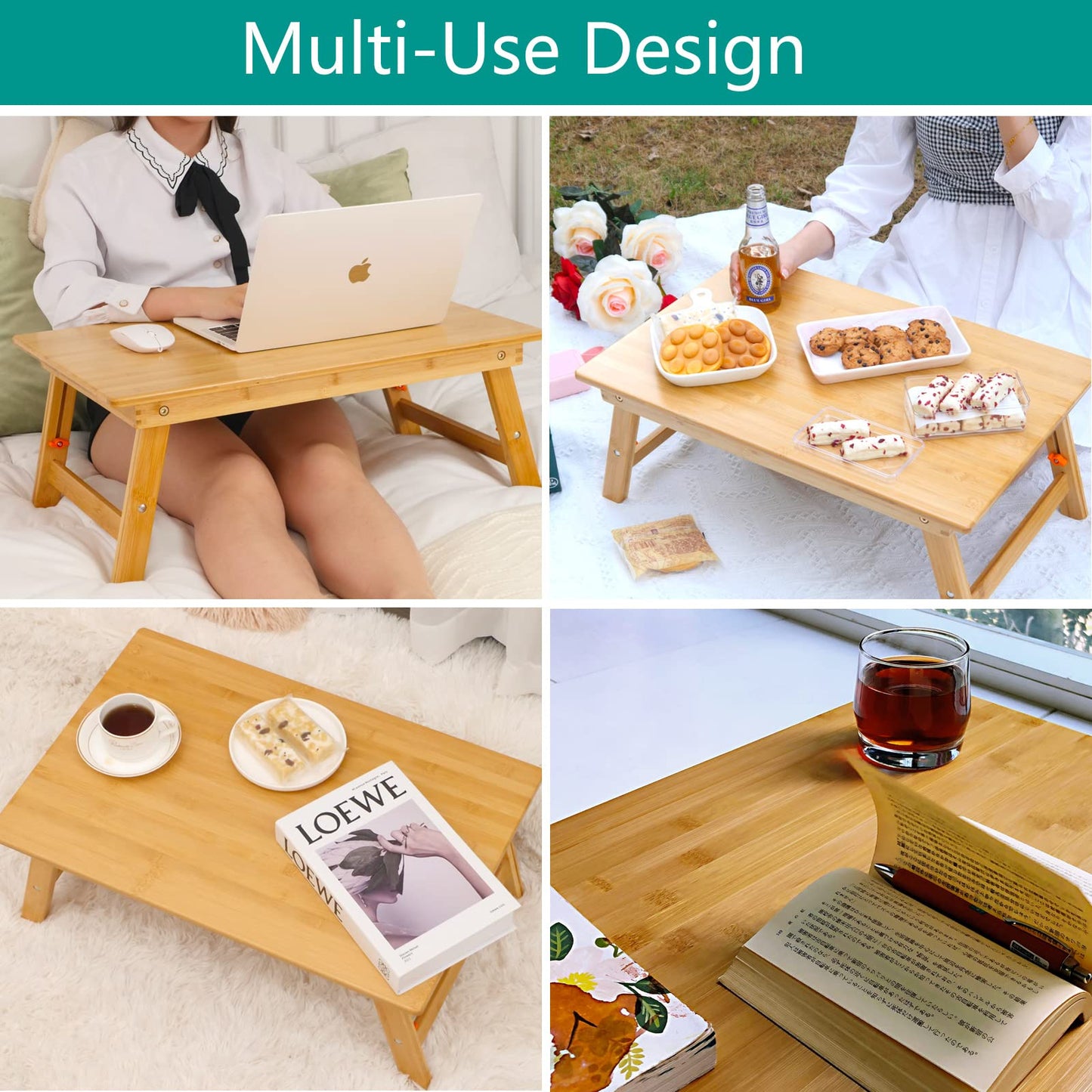 Lap Desk for Bed, COIWAI Bed Desk Bed Table Tary, Low Desk Table, Folding Floor Table, Adjustable Height, Portable Foldable Picnic Desk,Serving Breakfast Coffee in Bed Couch Floor .Bamboo
