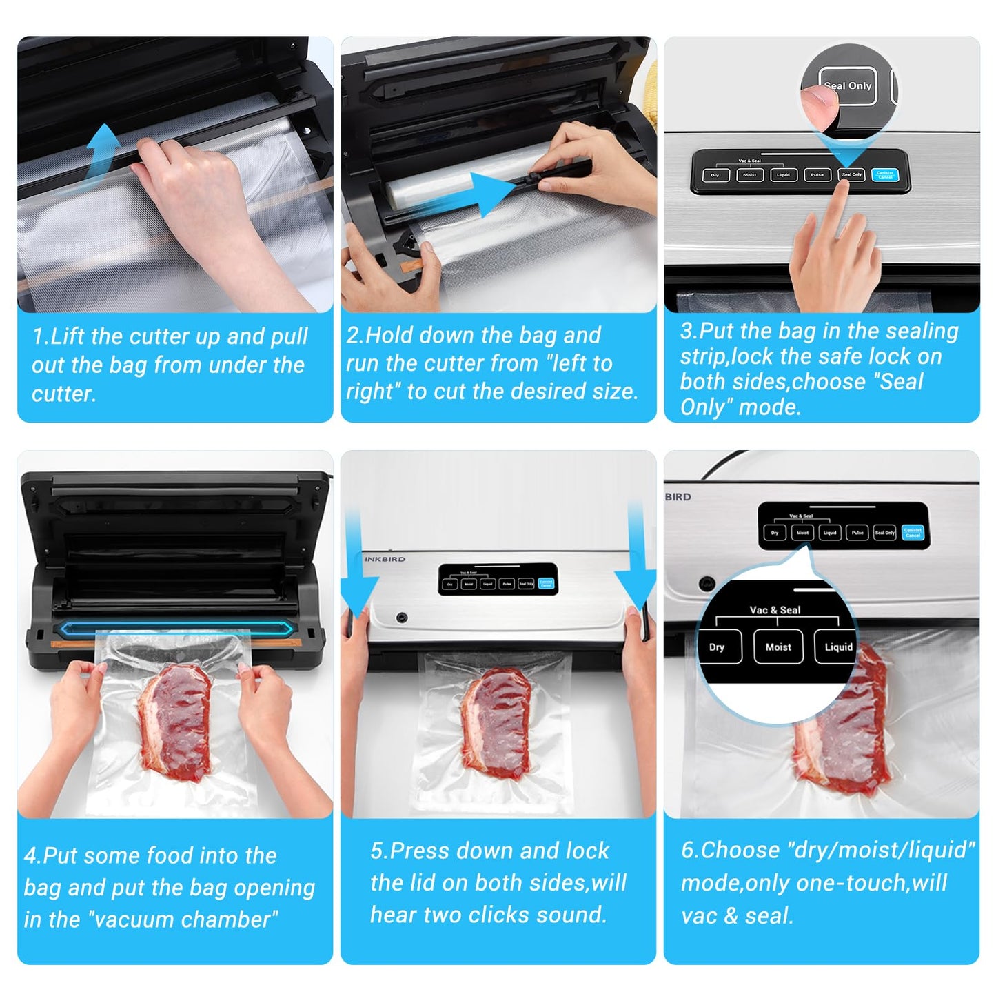 Food Vacuum Sealer Machine 10-In-1 with Bag Storage(Up to 20FT) and Cutter, INKBIRD Food Sealer Vacuum Sealer for Food with Moist/Dry/Canister 5 Food Modes, Starter Kits Bags*5 and Bag Roll*1, 85KPa