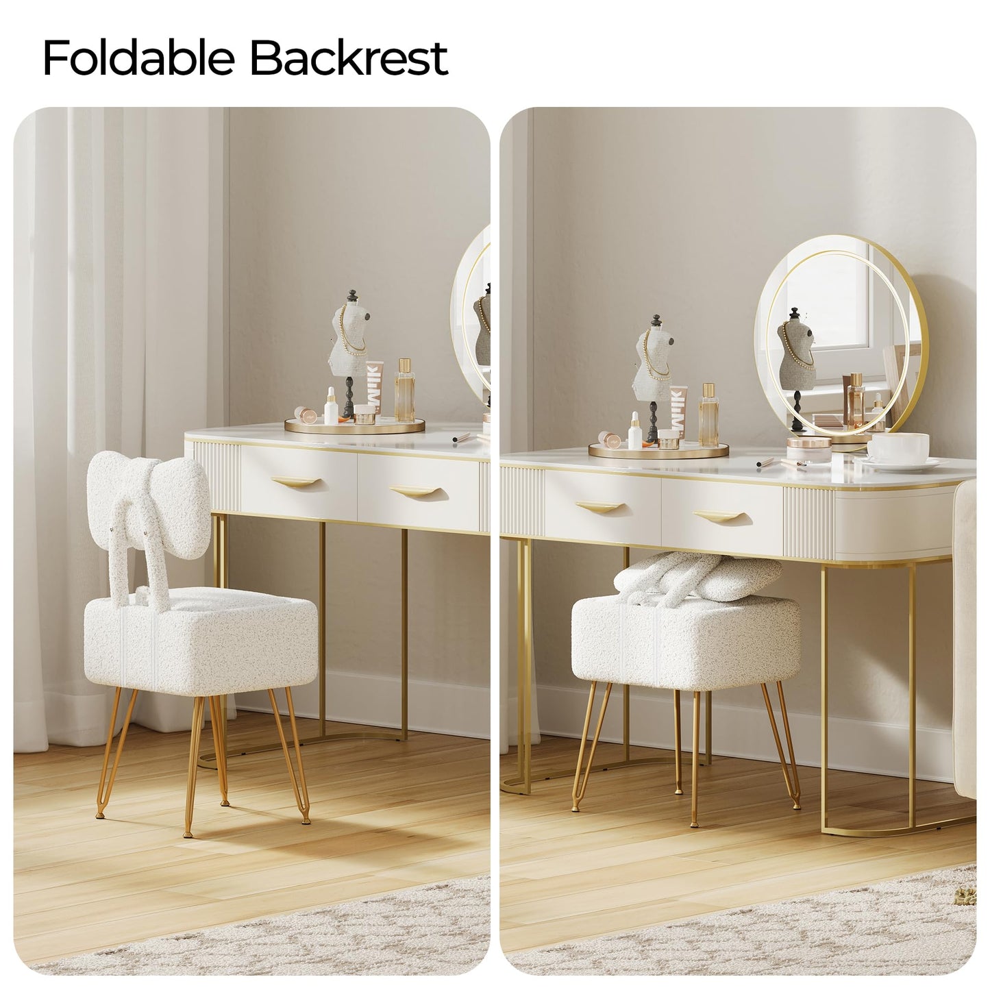 GLANZALANT Small Vanity Chair with Storage and Folding Back, 14.2" D x 12.6" W x 28.3" H Soft Storage Ottoman, Footrest Stool, Teddy Fleece Vanity Stool for Makeup, Bedroom, Living Room, White
