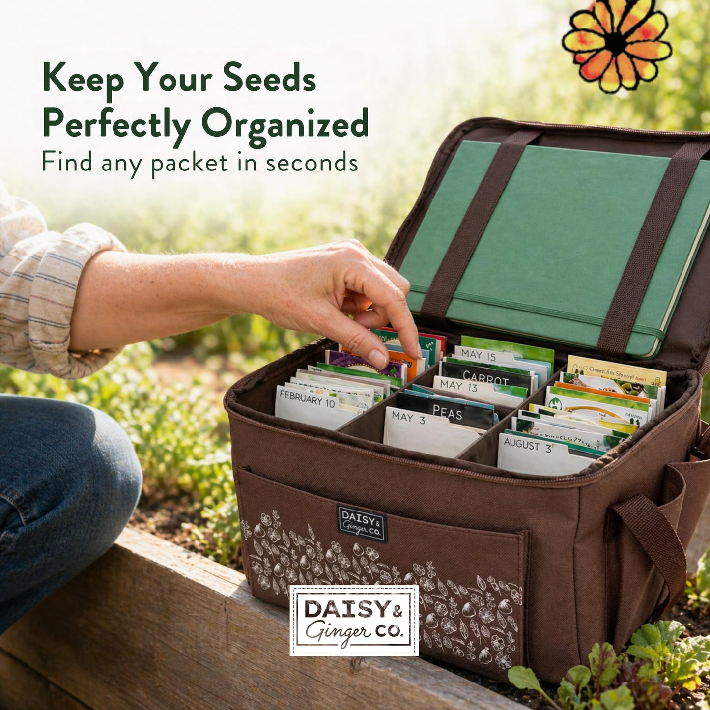 SEED STORAGE ORGANIZER TOTE BAG - Flexible Canvas Seed Organizer Holds 180 Seed Packets with Shoulder Strap, Side Pockets and 12 reusable Tabs for Gardeners | Water Resistant Bottom, Notebook Straps