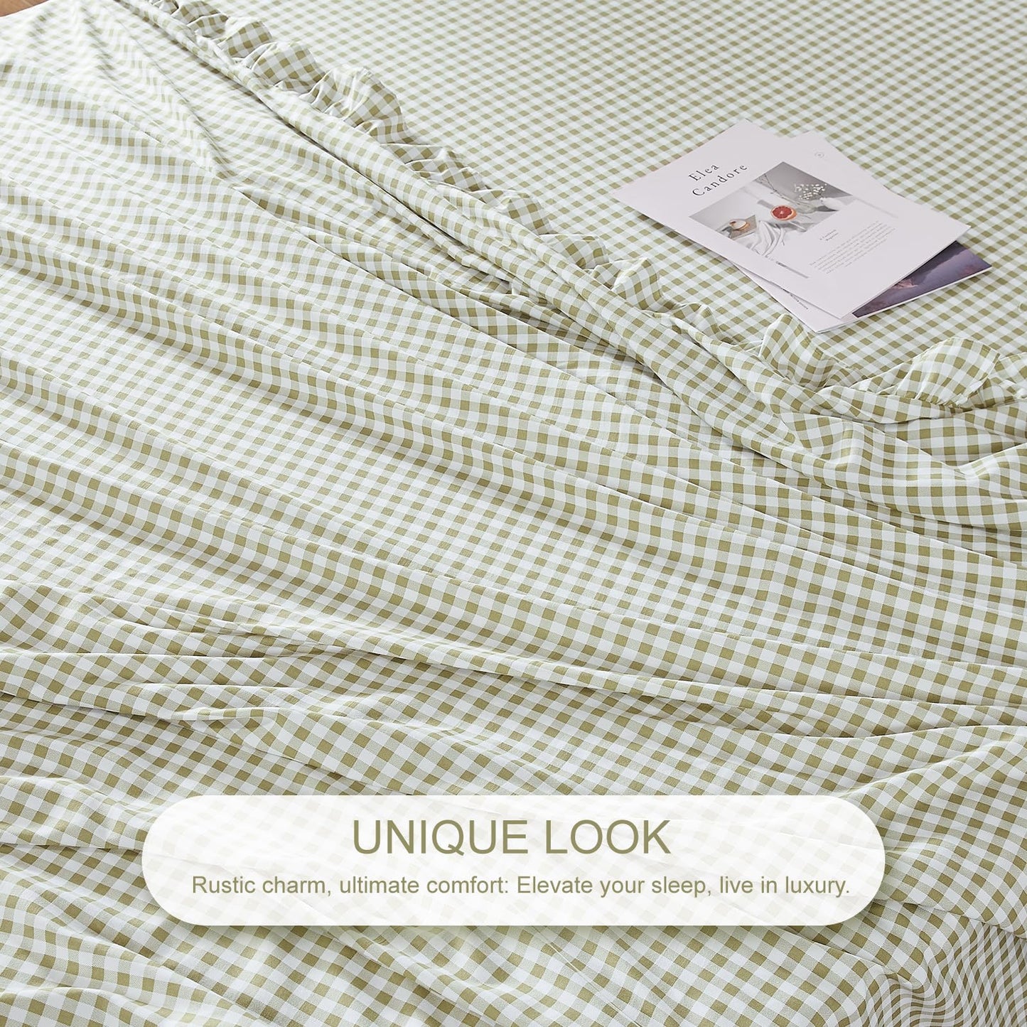 kisswish Gingham King Sheet Set, Lightweight Super Soft Brushed Microfiber Plaid Bed Sheets with 16" Deep Pocket, 4 Piece Ruffle Farmhouse Bedroom Decor, Sage Green