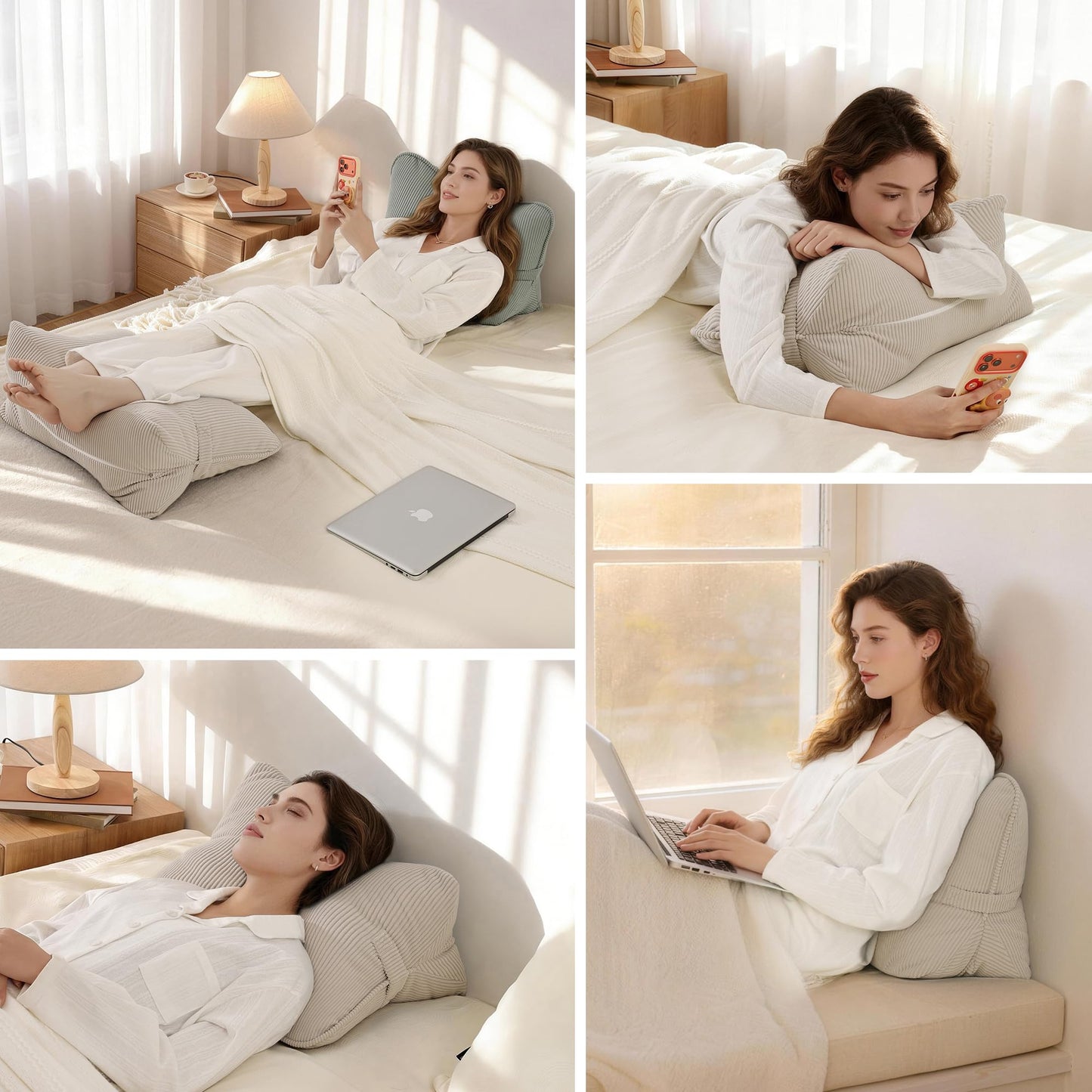 Ailuteie Pat. Pend. Corduroy Lumbar Support Back Pillow for Watching TV, Reading & Gaming, Ergonomic Triangle Support Cushion for Sofa, Armchair & Bed Sitting, Removable Washable Cover, Beige Gray