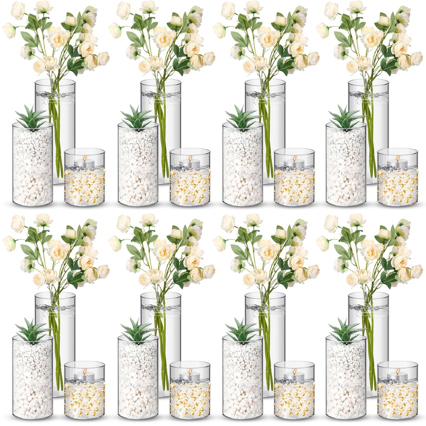 Nuogo 24 Pcs Plastic Cylinder Vases Tall Plastic Flower Vases for Centerpieces Hurricane Candle Holder for Home Wedding Office Party Formal Dinners Decorations (4''/6''/8'')