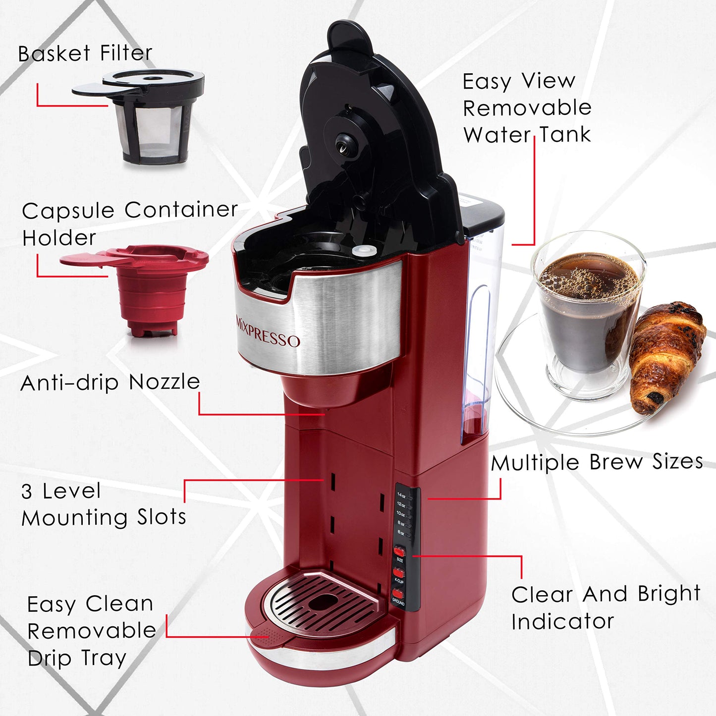 Mixpresso Red Single Serve Coffee Brewer K-Cup Pods Compatible & Ground, 30 oz Compact Coffee Maker Single Serve With 5 Brew Sizes Up To 14 Oz, Fits Travel Mug, Adjustable Drip Tray