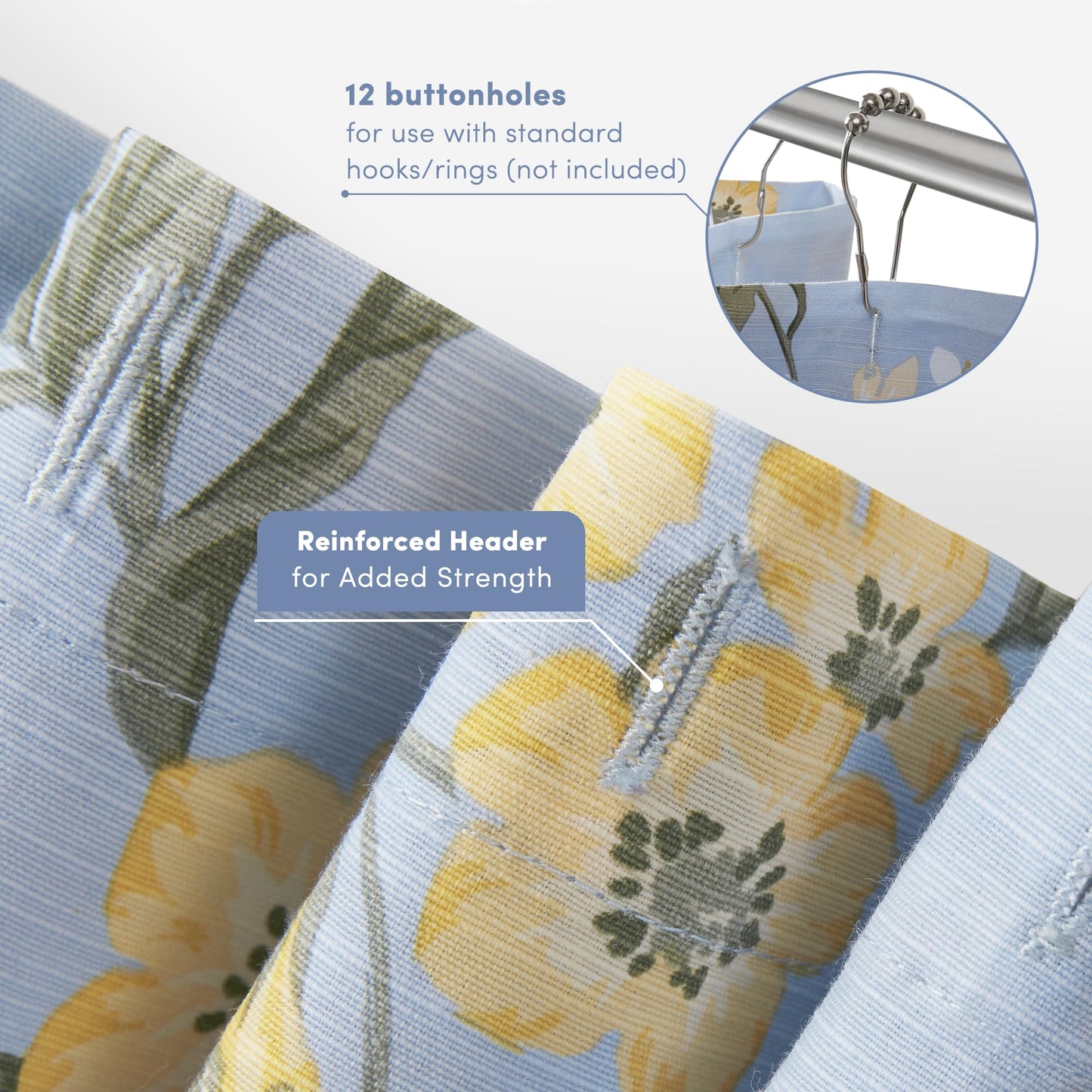 Martha Stewart Meadow Floral Shower Curtain, Cotton-Rich Slub Texture, Timeless Garden Design, Classic to Modern Farmhouse Bathroom Decor, Machine Washable 72"x72", Blue