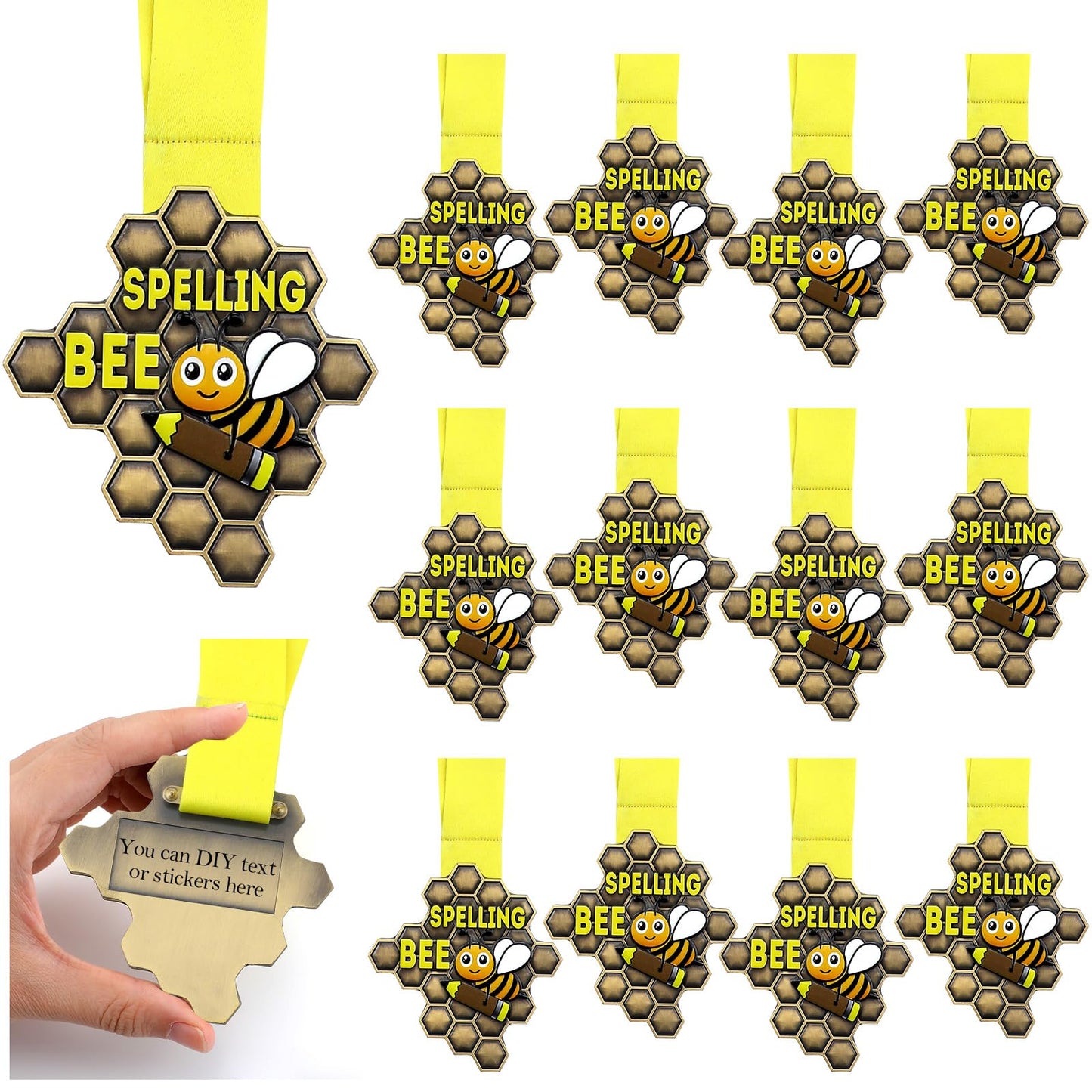 Zonon 12 Pcs Spelling Bee Medals Bulk Honeycomb Spelling Bee Award Medals with Neck Ribbon 3.23 x 3.15 Inches Spell Trophy for Back to School Competitions Party Supplies Winner Gifts