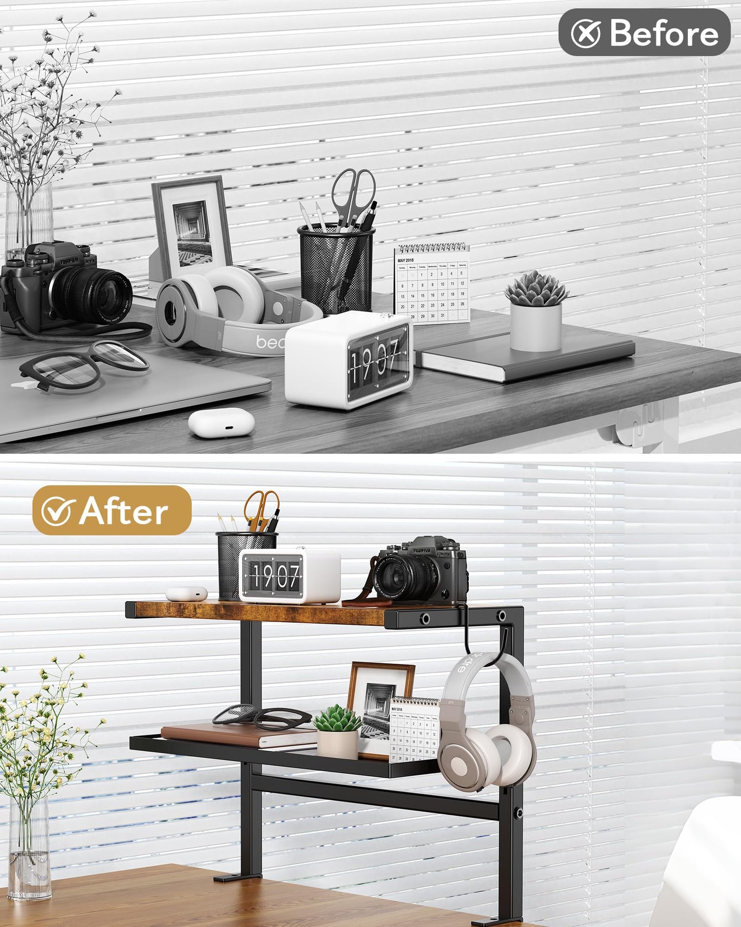 2-Tier Clamp on Desk Shelf, 17" Adjustable Above or Under Desk Shelves Organizer, No Drilling Desktop Storage Shelf with Headphone Holder, Desktop Storage Rack or Office and Gaming Accessories (Brown)