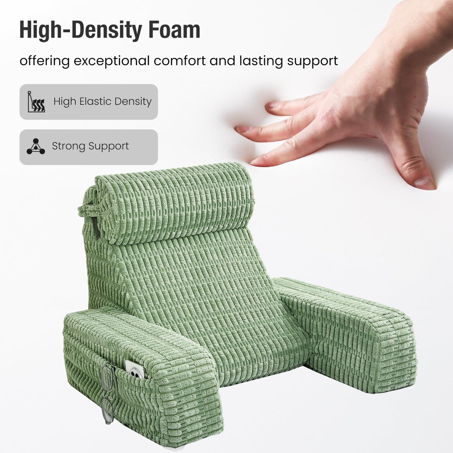 Selectico 19" Reading Pillow for Bed with Built-in Arms & Large Pockets, Supportive Backrest Cushion for Reading, Resting, or Reclining, Washable Cover – Sage Green