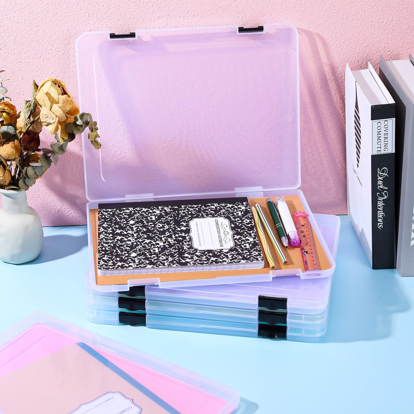 Cholemy 12 Pcs A4 Project Case Clear Portable Scrapbook Paper Storage Box with Snap Tight Box Document Case Photo Storage Containers for Magazine, Office Supplies, School