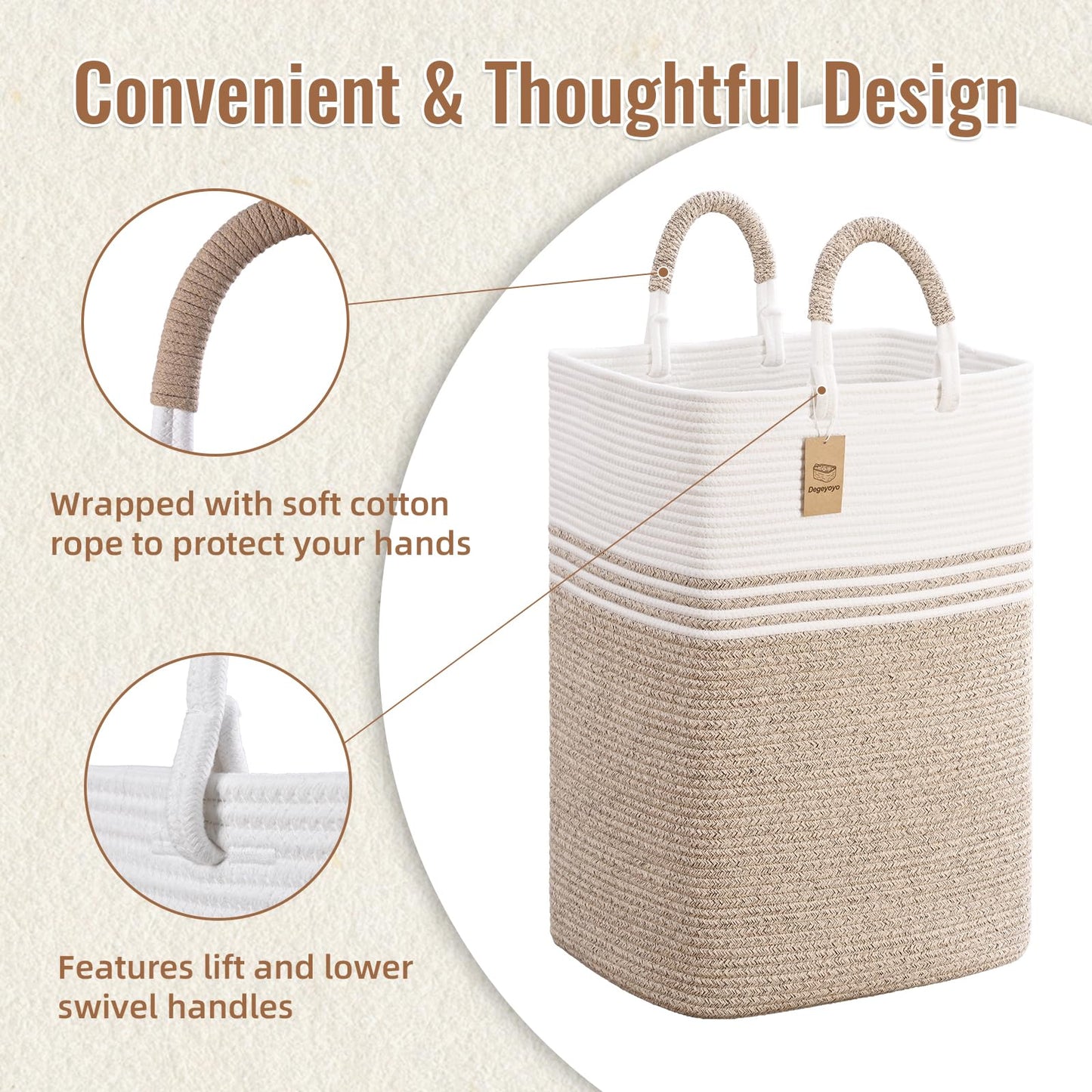 Laundry Basket Hamper,Blanket Storage,Dirty Clothes Hamper with Swivel Handles,Woven Cotton Rope Toy Baskets,Blanket Basket Living Room,Decorative Hampers for Nursery,Bedroom,White & Linen,100L