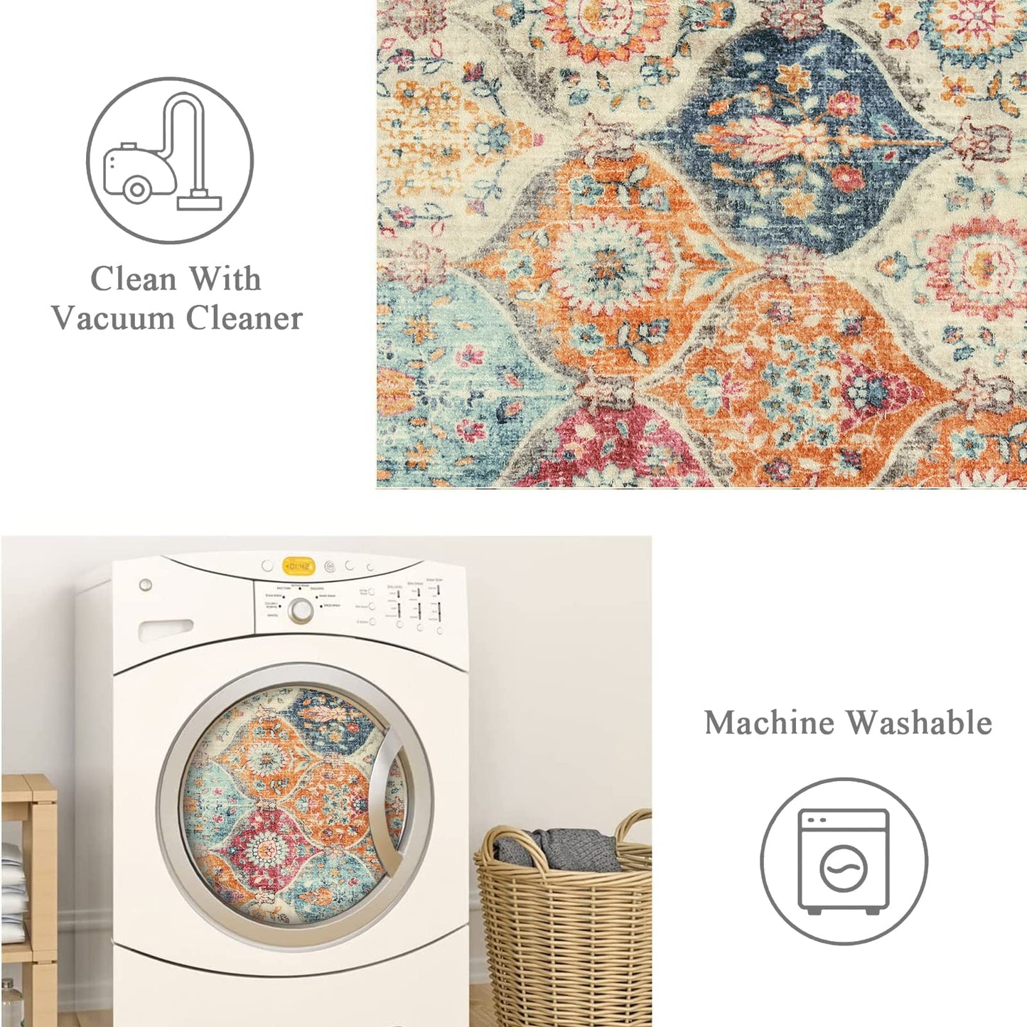 Lahome Moroccan Trellis Washable Small Area Rug, 3x5 Area Rug for Bedroom Living Room, Non-Slip Oriental Accent Throw Carpet for Kitchen Office Entryway Bathroom Office Elise, Cream/Multi