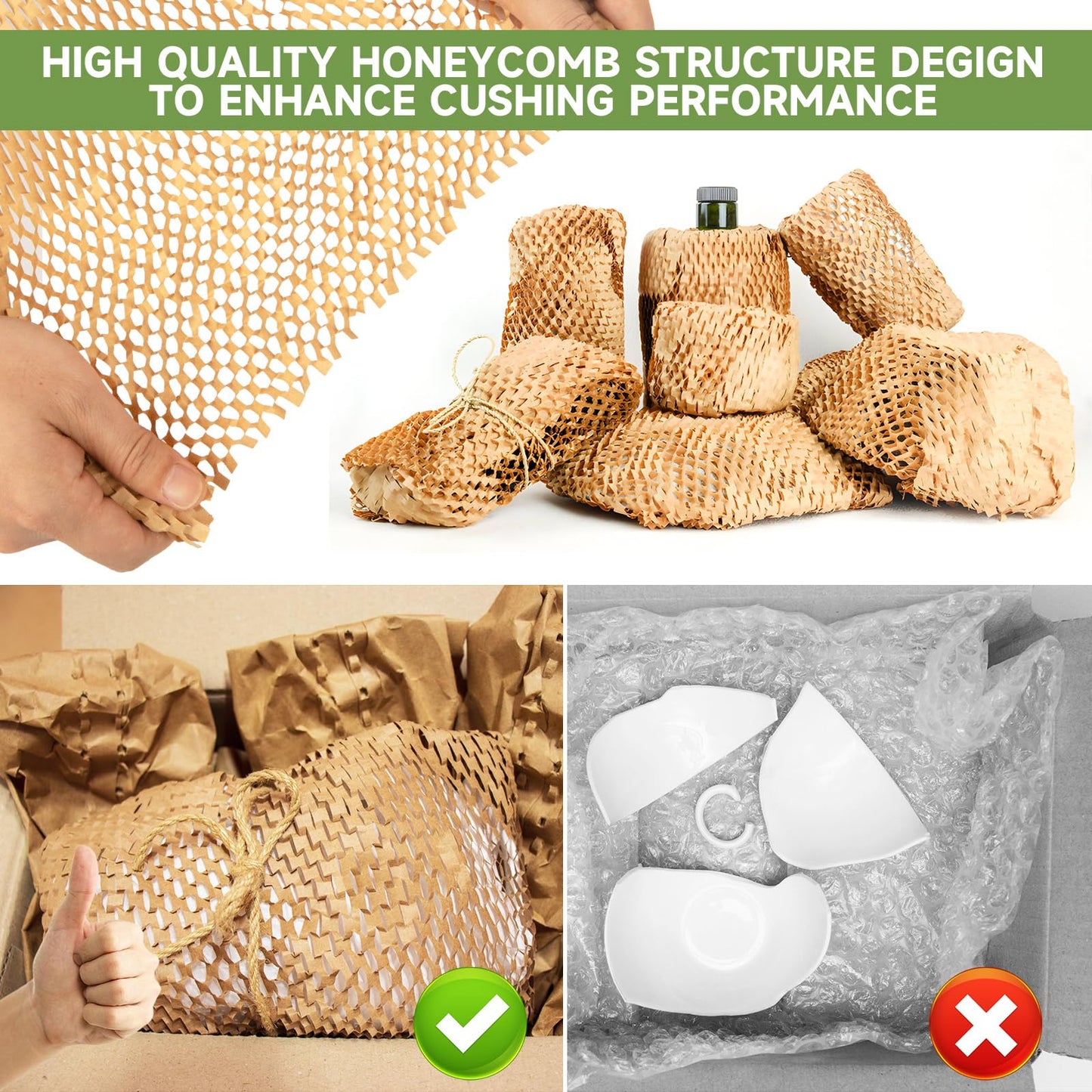 NAPALOOK Honeycomb Packing Paper Wrap 15''x600', Substitute Alternative for Bubble Cushioning Wrap for Moving Shipping Packaging, Recyclable Moving Supplies with 48 Fragile Sticker Labels