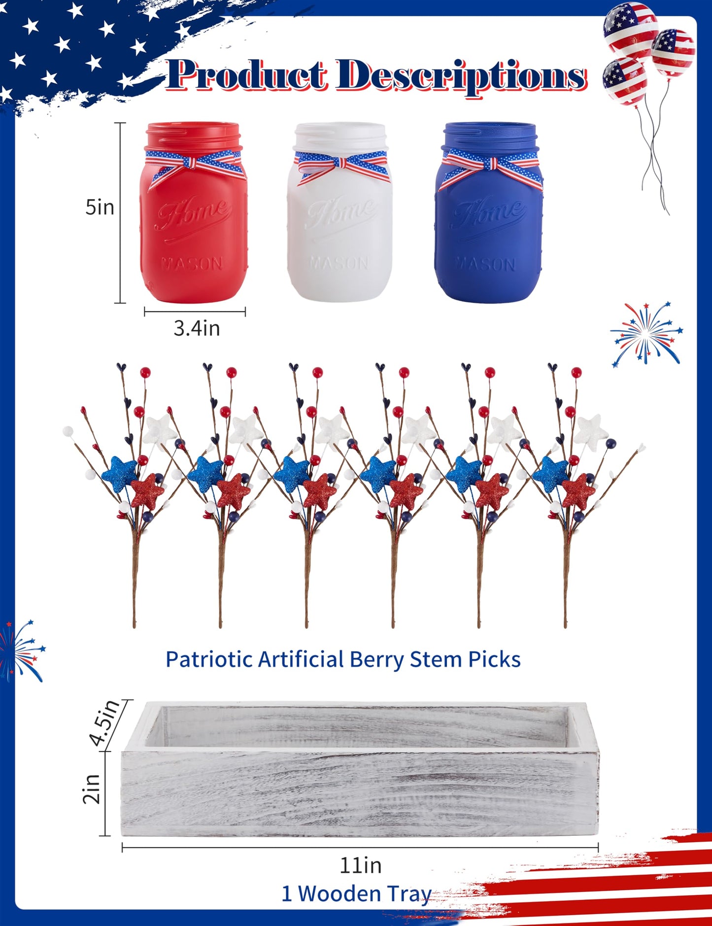 KIVIVO 4th of July Table Decorations, Mason Jar Memorial Day Decor with Artificial Picks, Fourth of July Patriotic Table Centerpieces, 10 Pcs Red White and Blue Independence Day Decorations for Home