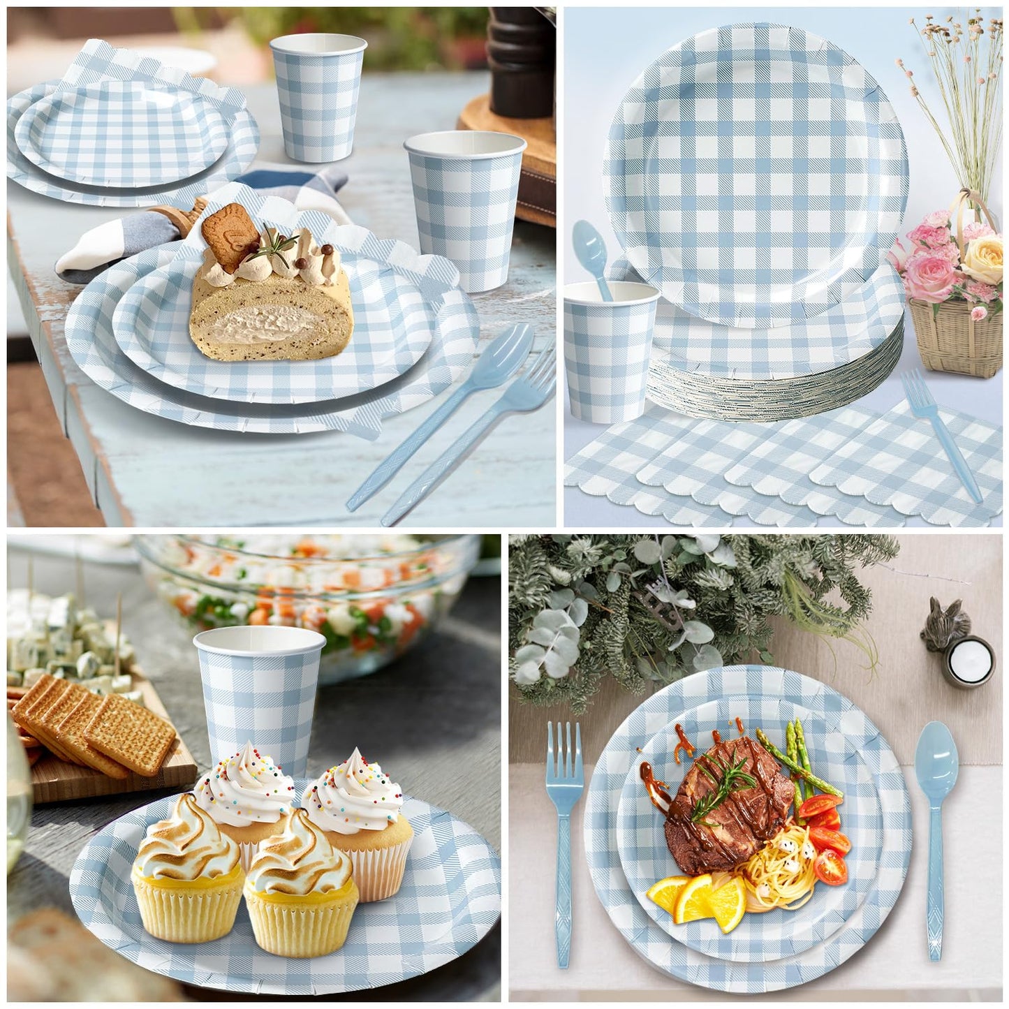 Vyntra 350 Pcs Blue Gingham Paper Plates and Napkins Set for 50, 9" Dinner Plates & 7" Dessert Plate, Baby Boy Shower Birthday Party