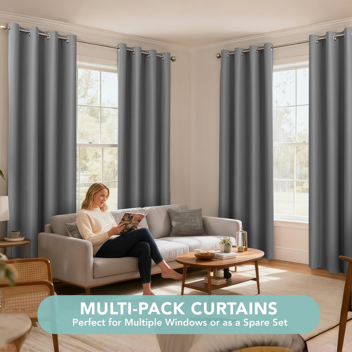 BONZER 100% Blackout Curtains 84 inches Long, 4 Panels Full Light Blocking Privacy Protection Window Drapes, Grommet Total Room Darkening Curtain with Black Backing for Bedroom, Living Room, Grey