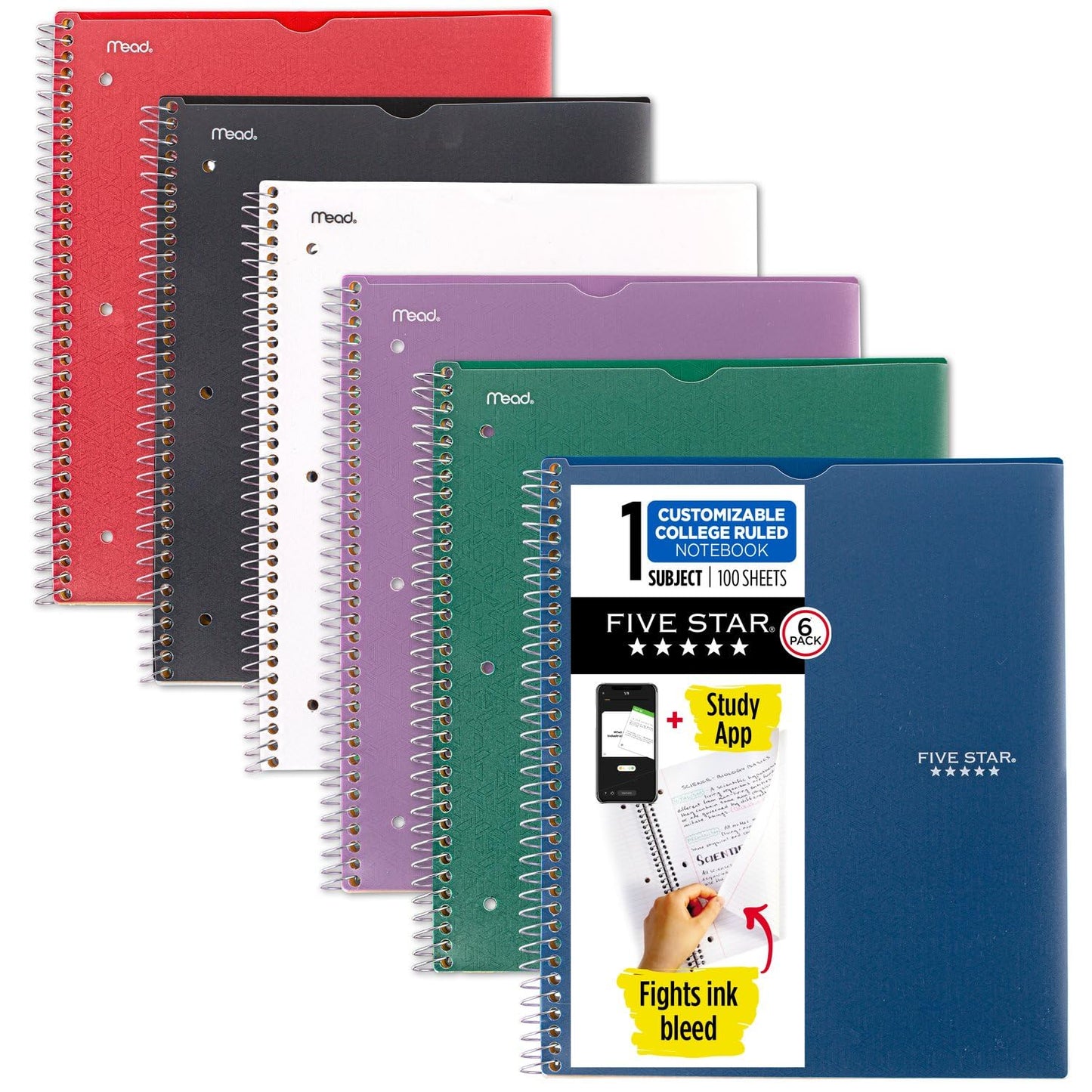 Five Star Spiral Notebook + Study App, 6 Pack, 1 Subject, College Ruled, 8-1/2" x 11", 100 Sheets, Fights Ink Bleed, Customizable Water Resistant Cover, Assorted Colors (820045-ECM)