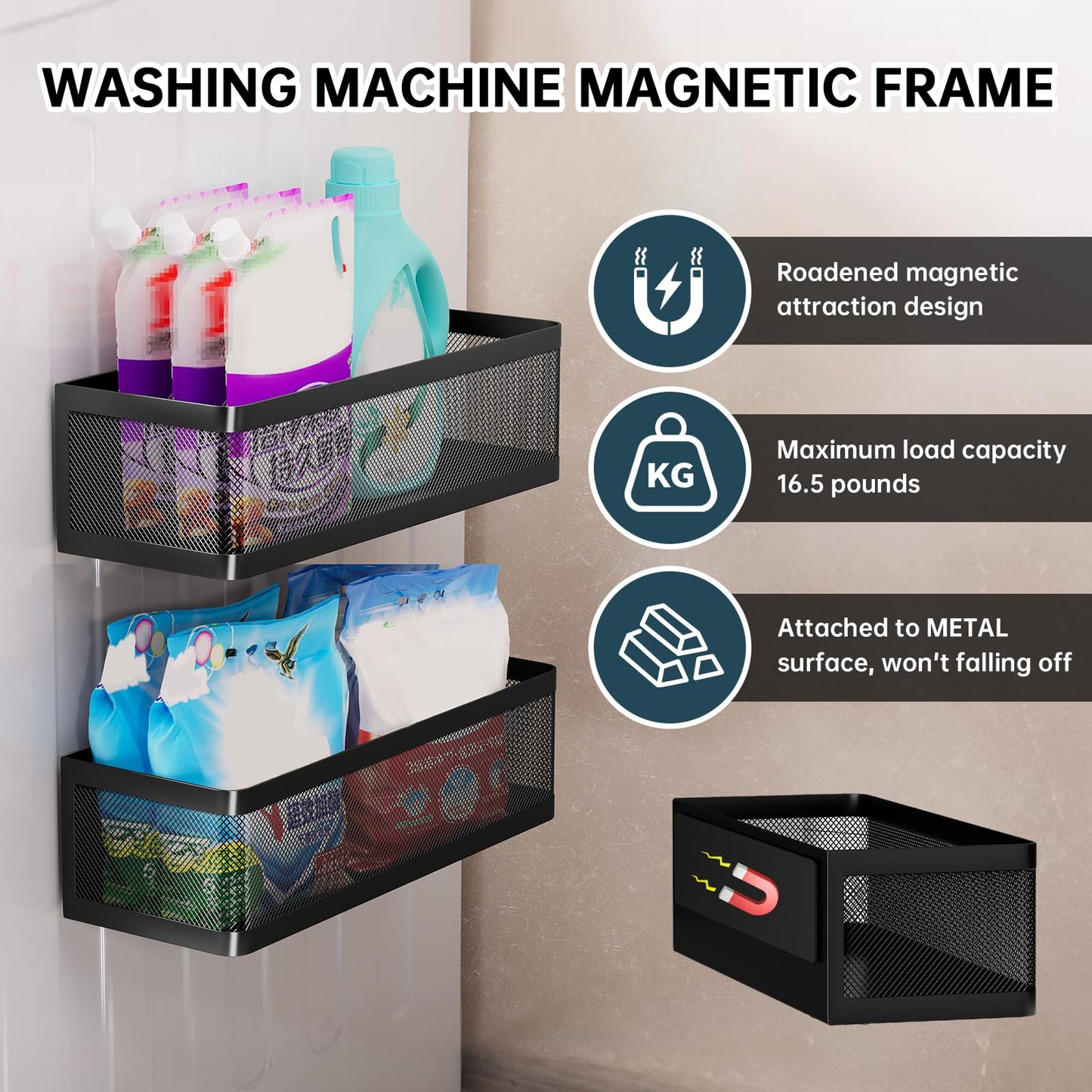 WOCUBEHOME 2-Pack Laundry Room Organization, Magnetic Shelves with Tall Guardrails to Prevent Falling - Strong Magnet Organizer for Washing Machine, Refrigerator, Kitchen & Pantry