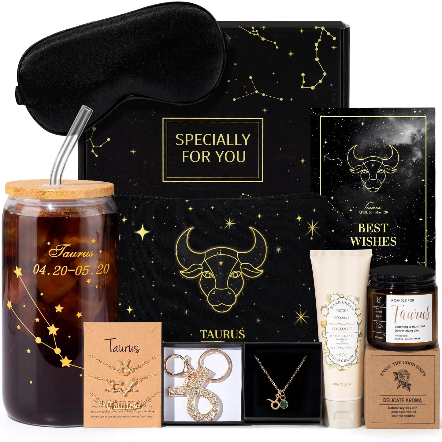 Taurus Birthday Gifts for Women, Taurus Gifts for Women Baskets, Get Well Gifts for Best Friend Sister, Tau Astrological 16 oz Glass Cups Candle with Zodiac Gift Set Box