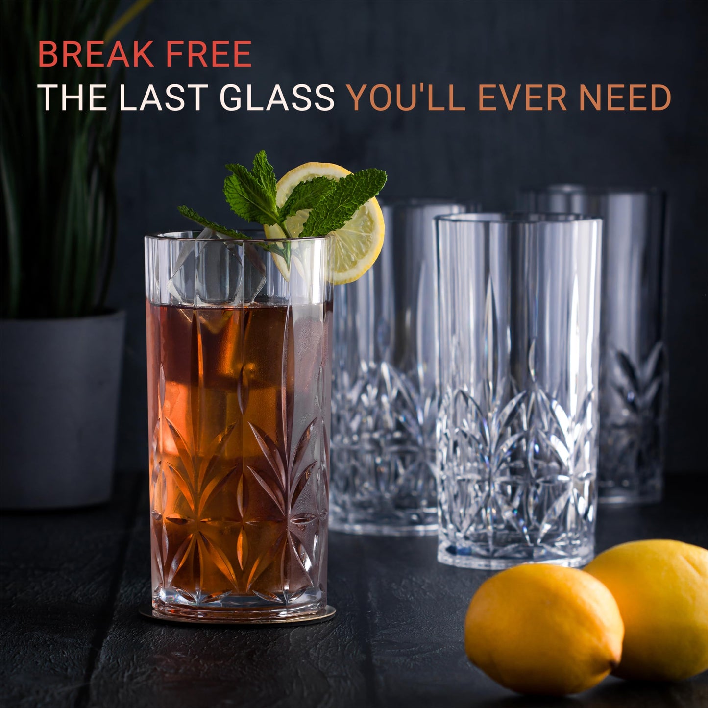 Bravario Unbreakable Plastic Drinking Water Tumblers, Dishwasher Safe 100% Tritan Glasses, BPA-Free Shatterproof Outdoor Highball Drinkware, 18 oz, Set of 6