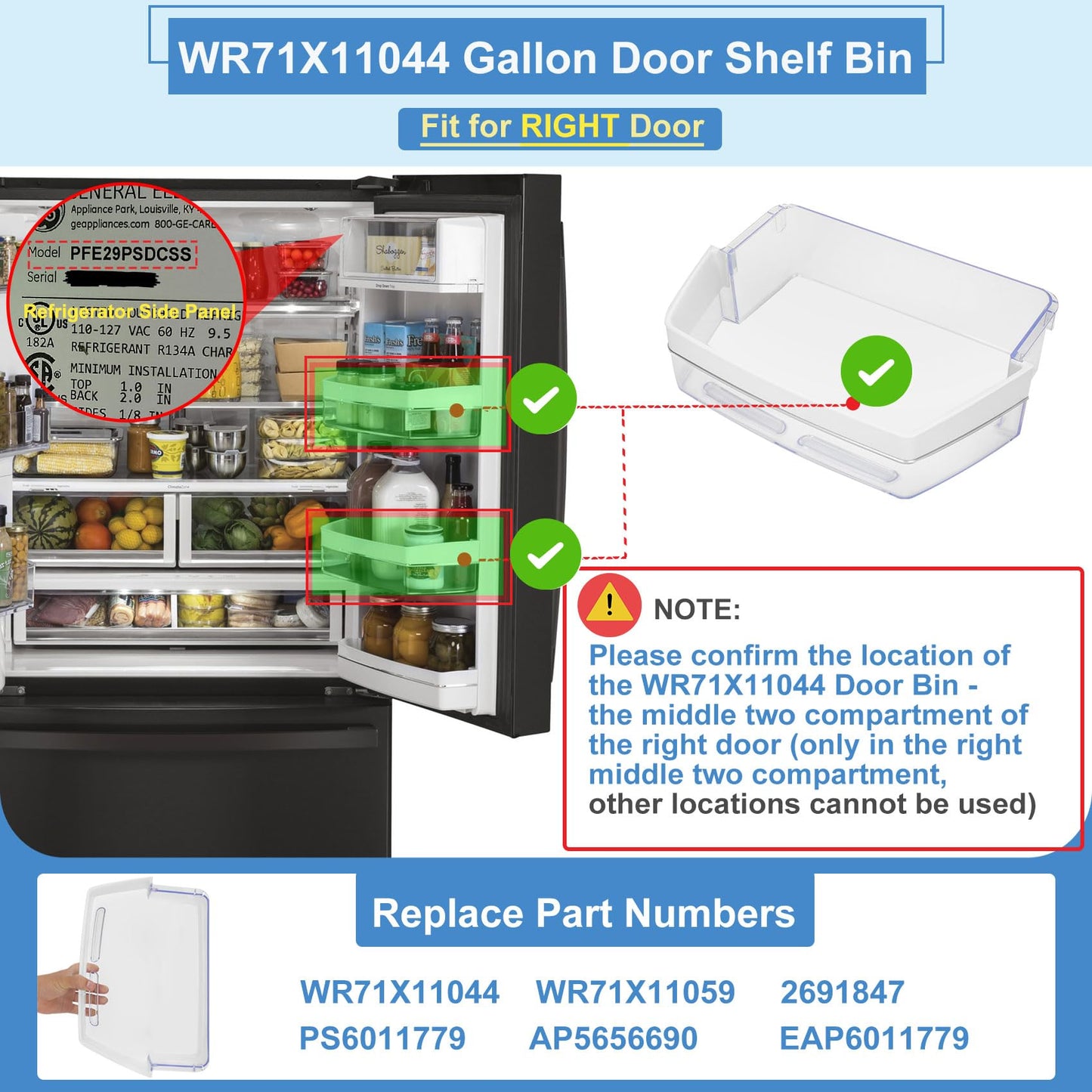 WR71X11044 WR71X11059 Refrigerator Door Shelf Bin (Right Side) ,Compatible with GE Refrigerator Replacement Shelves Replaces PS6011779, AP5656690, 2691847, EAP6011779 Refrigerator Parts & Accessories