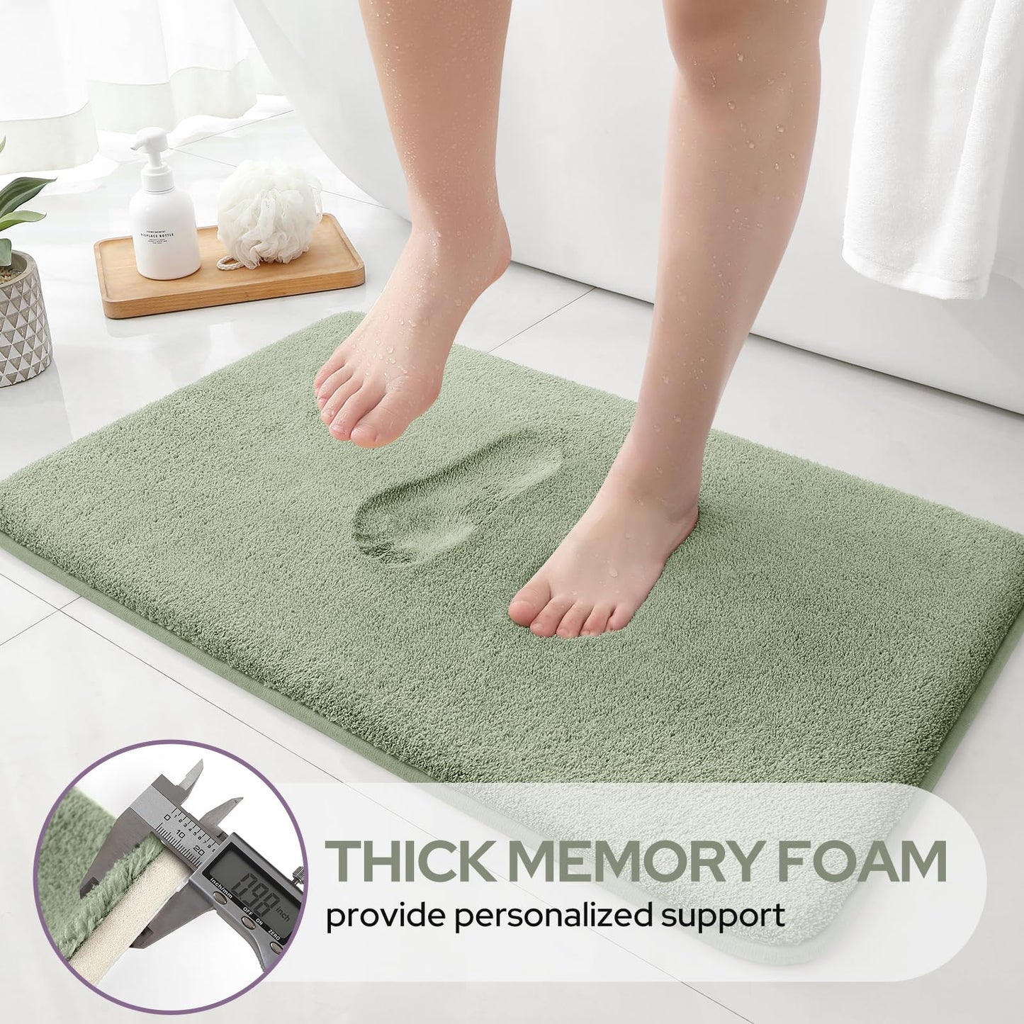 HOMEIDEAS Upgraded Bathroom Rugs Set 3 Piece, Extra Thick Absorbent Soft Memory Foam, Washable Toilet Bath Mat (Sage Green,17"x24"+20"x32"+U Shape 20"x24")