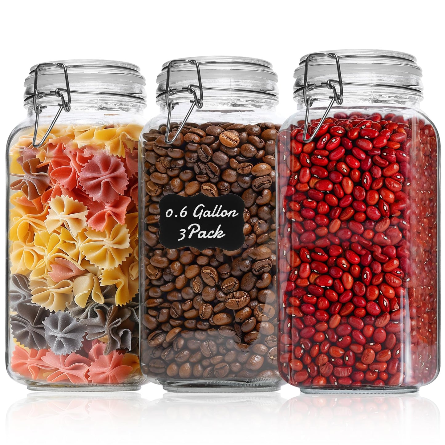 ComSaf 3-Pack 78oz Large Square Airtight Glass Jars for Bulk Food, Holds a 4lb Bag of Sugar or 5lb of Rice, Wide Mouth Canister for Flour, Coffee & Pantry Organization