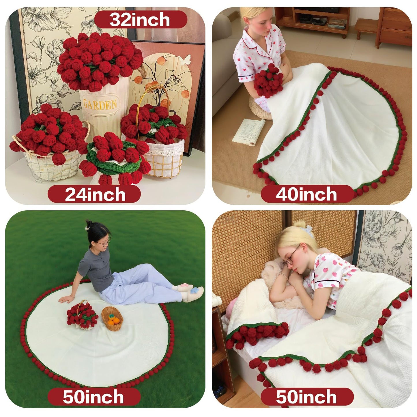 SoffMoiis Crochet Flowers Bouquet Blanket, Handmade Rose Blanket, 32 Inch Round Floral Soft and Romantic Gifts for Birthday, Mother's Day,Valentine's Day, Home Decor, Bed, Sofa