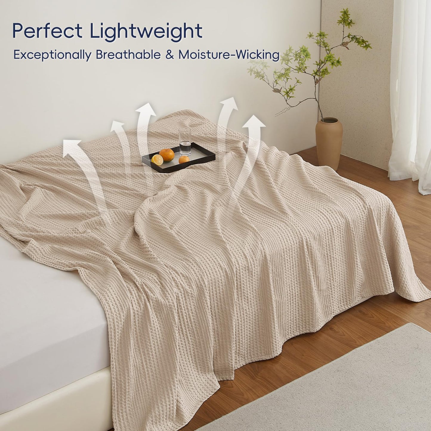 PHF Lightweight Waffle Weave Blanket King Size, Breathable & Ultra Soft, 104"x 90" Soft & Cozy Thin Blanket for Spring & Summer & Hot Sleepers, Bed, Home Decor - Light Tan