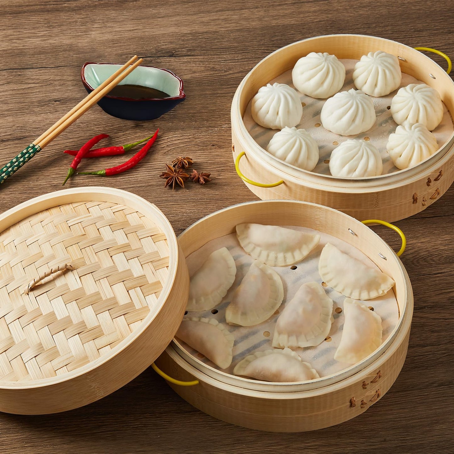 MacaRio Bamboo Steamer Basket Set 10 inch Steamer for Cooking, with Side Handles Chopsticks Ceramic Sauce Dishes Paper Liners, for Dim Sum Dumplings Buns Seafoods Rice Asian Foods
