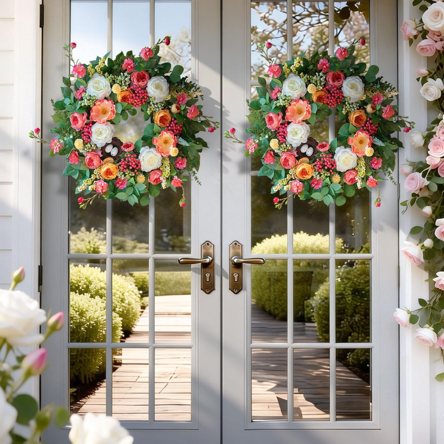 CHvista 24 Inch Spring Wreaths for Front Door Outside,Handcrafted Spring Door Wreath with Roses,Eucalyptus Greener y& Bird Nest Eggs,Luxury Summer Wreaths for Front Door for Porch Home Wall Window