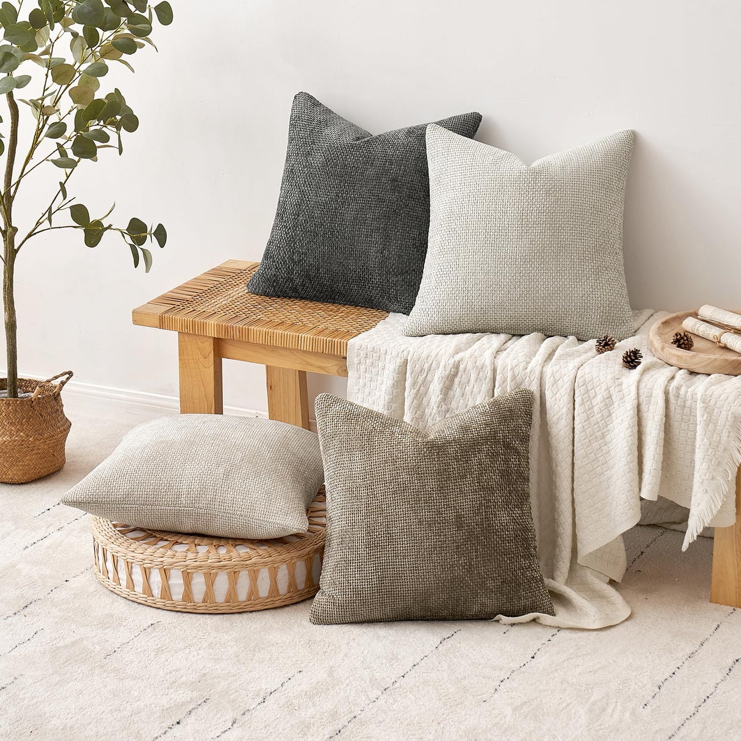 MIULEE Pack of 4 Couch Throw Pillow Covers 22x22 Inch Neutral Soft Decorative Chenille Pillow Covers Farmhouse Boho Accent Cushion Covers for Mid Century Modern Spring Decor Sofa Bedroom Living Room