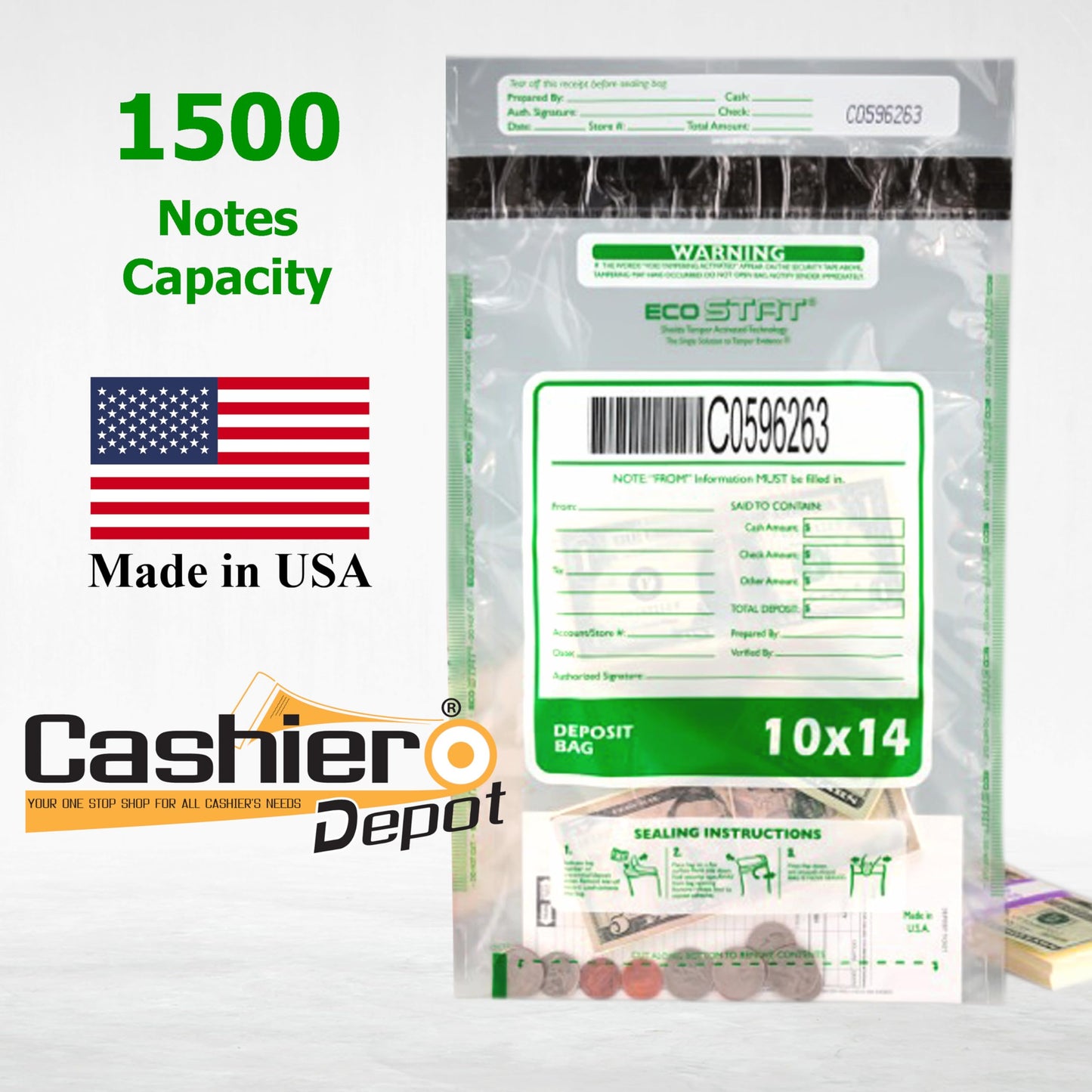 100 Cashier Depot Tamper Evident Deposit Bags, 10" x 14", Clear, Plastic, Press & Seal VOID Closure, Serialized Barcode, Perforated Receipt, 100 Count