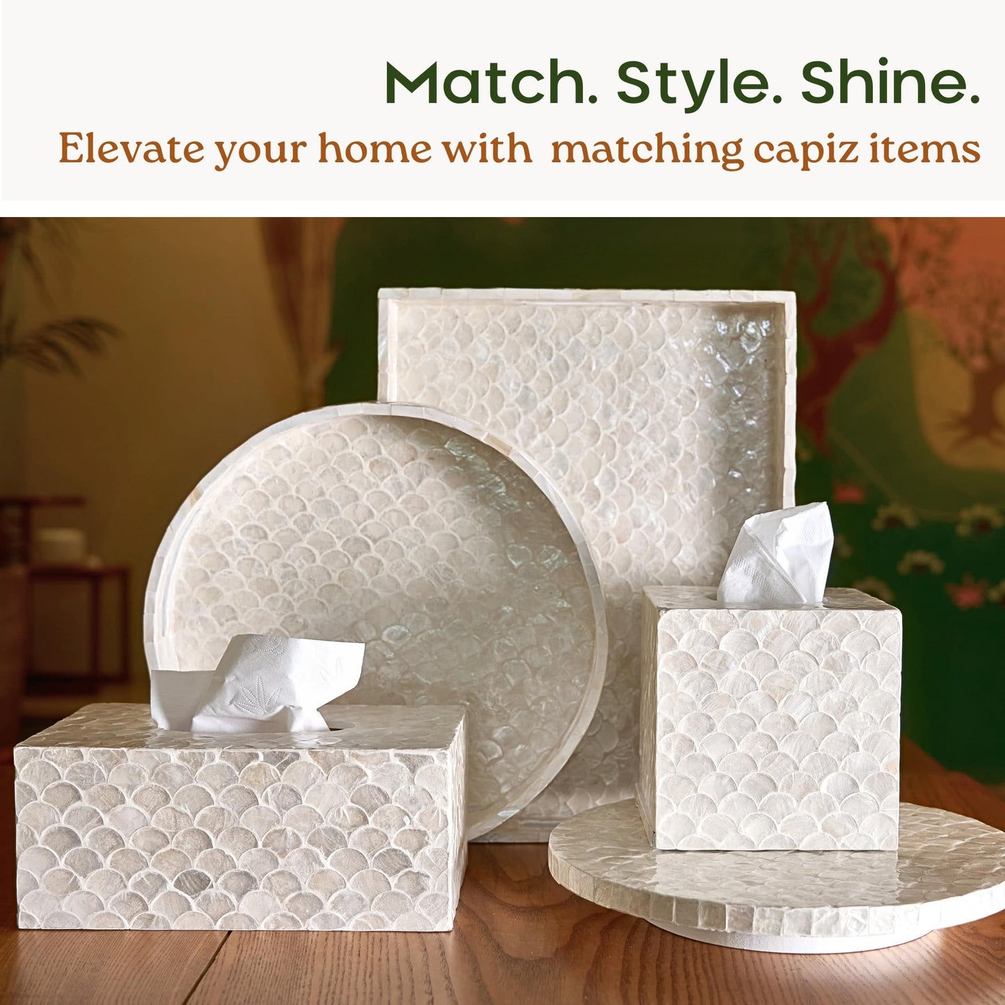 CHI AN HOME 5.8” Capiz Tissue Box Cover, Square Decorative Tissue Holder with Bottom Slider, Handmade Bathroom Accessories, Elegant White Cube for Vanity, Bedroom, Office & Coastal Décor (Natural)