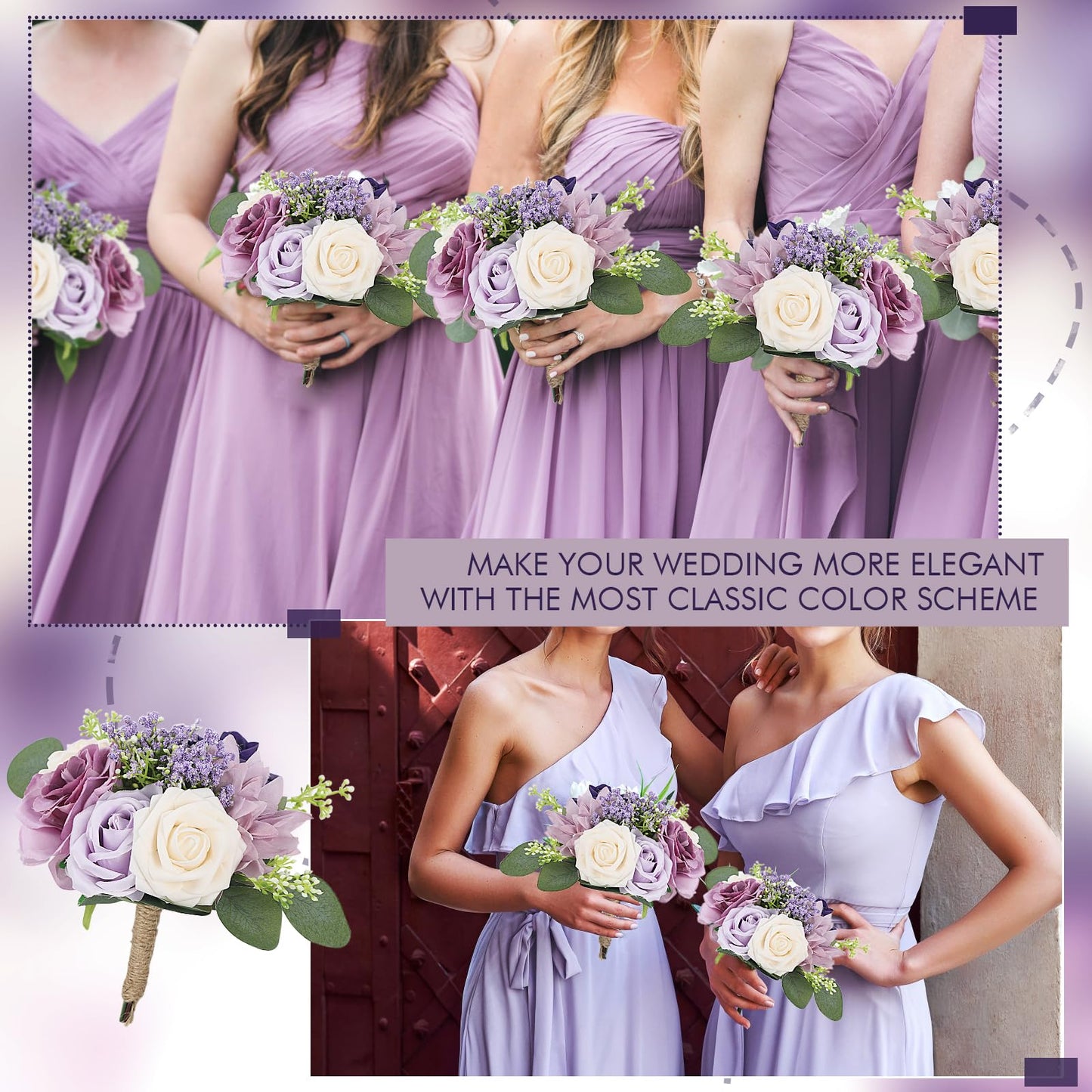 Artificial Bridesmaid Bouquets 6 Pcs - 7 Inch Pre-made Bridesmaids Bouquet Small Silk Rose Handmade for Wedding Holding Flowers, Bridal Shower Wedding Centerpieces Ceremony and Anniversary- Lilac