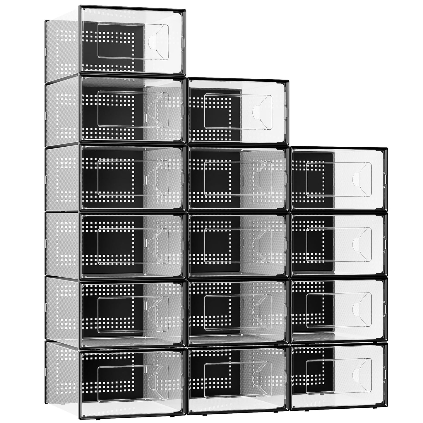 Foluck X-Large Shoe Storage Box, 15 Pack Clear Plastic Stackable Shoe Organizer for Closet, Interlocking Design Shoe Container Bins for Sneakers, Foldable Shoe Rack with Lids, Black