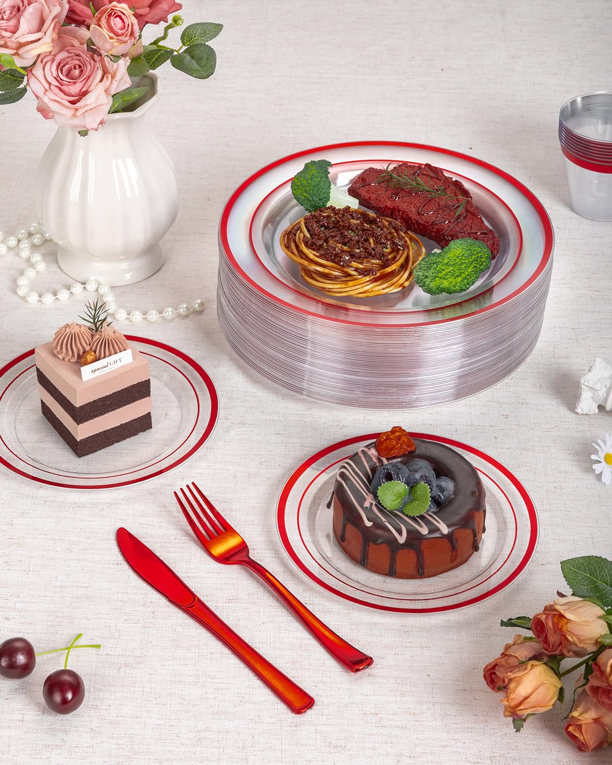 Goodluck 350 Pcs Red Plastic Plates, Clear Plastic Silverware Disposable Plates Set, Include 100 Plates, 50 Pack Pre Rolled Napkins with Silverware, 50 Cups for Party, Christmas, Graduation, Wedding