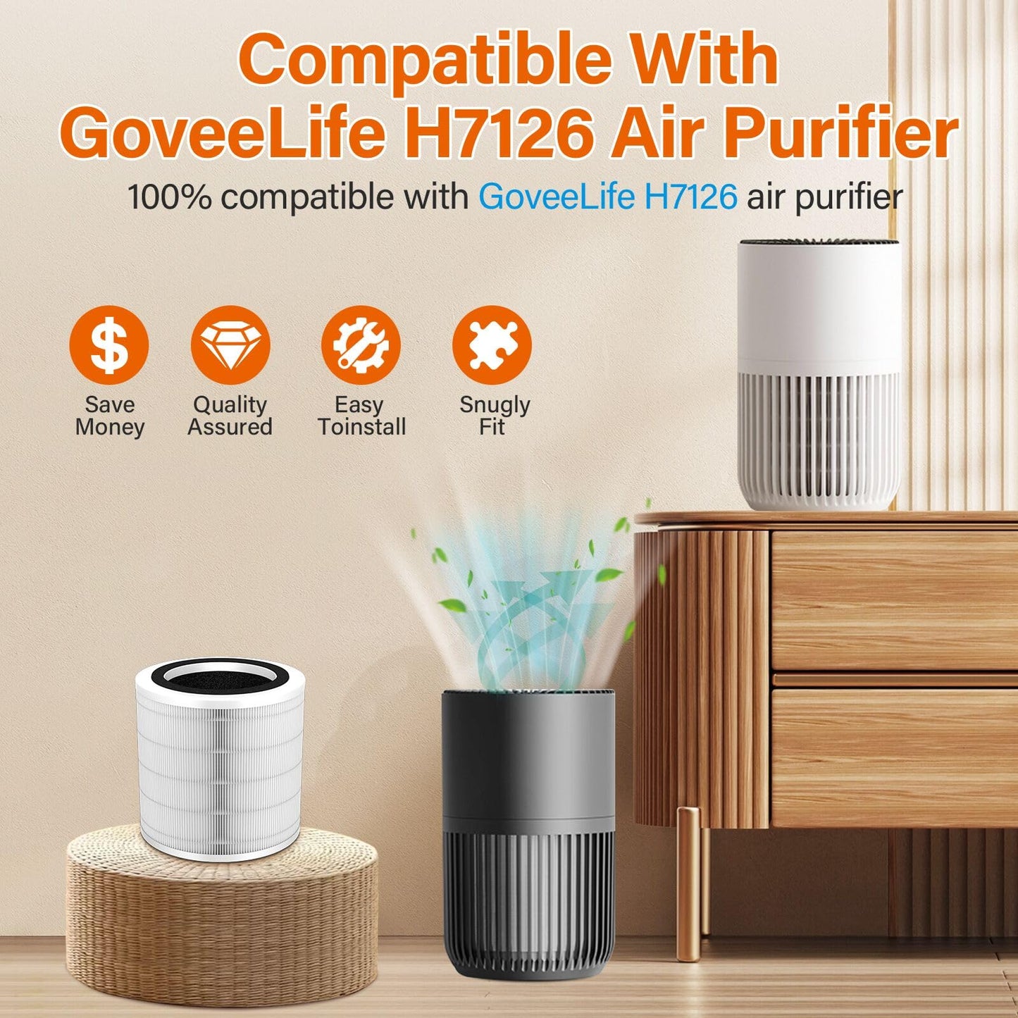 4 Pack H7126 Replacement Filter Compatible with GoveeLife Mini Air Purifier, 3-in-1 H13 True HEPA Filters H7126 for Govee Air Purif-ier, Replace Part# H7126-RF
