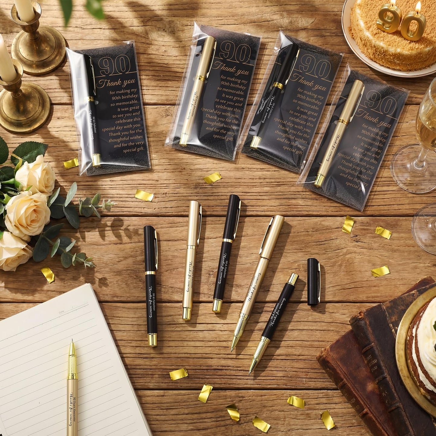 Feifeiya 30 Set 90th Birthday Party Favor for Guest Anniversary Party Favor with Black and Gold Ballpoint Pens and Thank You Cards for Women Men Birthday Anniversary Appreciation Gifts