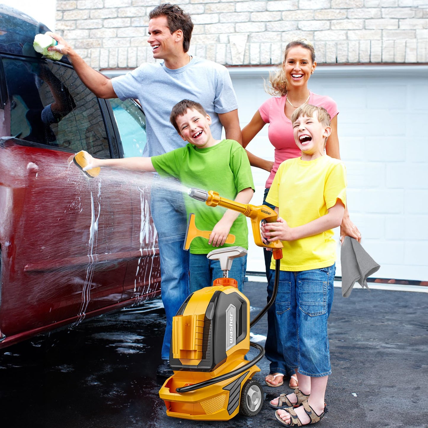 Kids Clean Car Wash Toy - Kids Power Washer with Scraper Sponge Towel, Manual Pressure, Adjustable Water Gun Spray, Pretend Play Tools Role Playing Cleaning Toys Gift for Toddler Boys Girls Ages 3+