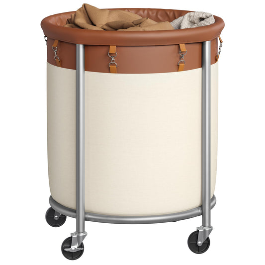 SONGMICS 50.2-Gallon (190 L) Laundry Basket with Wheels, Rolling Round Heavy-Duty Laundry Hamper Cart with Steel Frame and Removable Bag, 2 Locking Wheels, Coffee Brown and Cream White URLS001KQ02