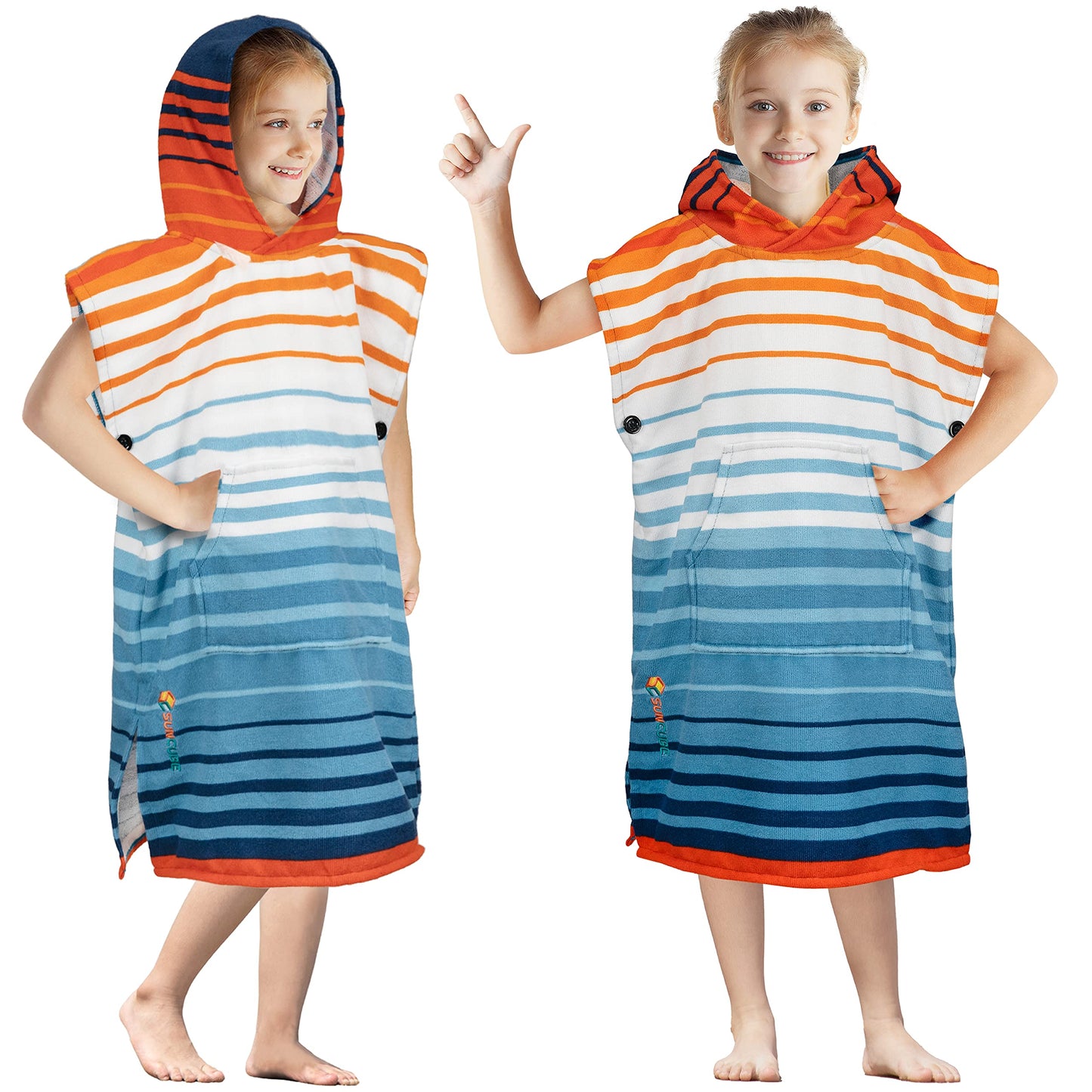 SUN CUBE Kids Changing Robe Surf Poncho, Kids Beach Towels, Hooded Towel for Teens Bath Pool, Microfiber Quick Dry Wearable Towel Poncho with Hood, Swim Towel for Girls 8-12 Years, Orange Stripe