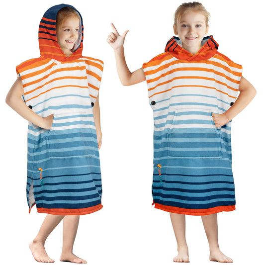 SUN CUBE Kids Changing Robe Surf Poncho, Kids Beach Towels, Hooded Towel for Teens Bath Pool, Microfiber Quick Dry Wearable Towel Poncho with Hood, Swim Towel for Girls 8-12 Years, Orange Stripe