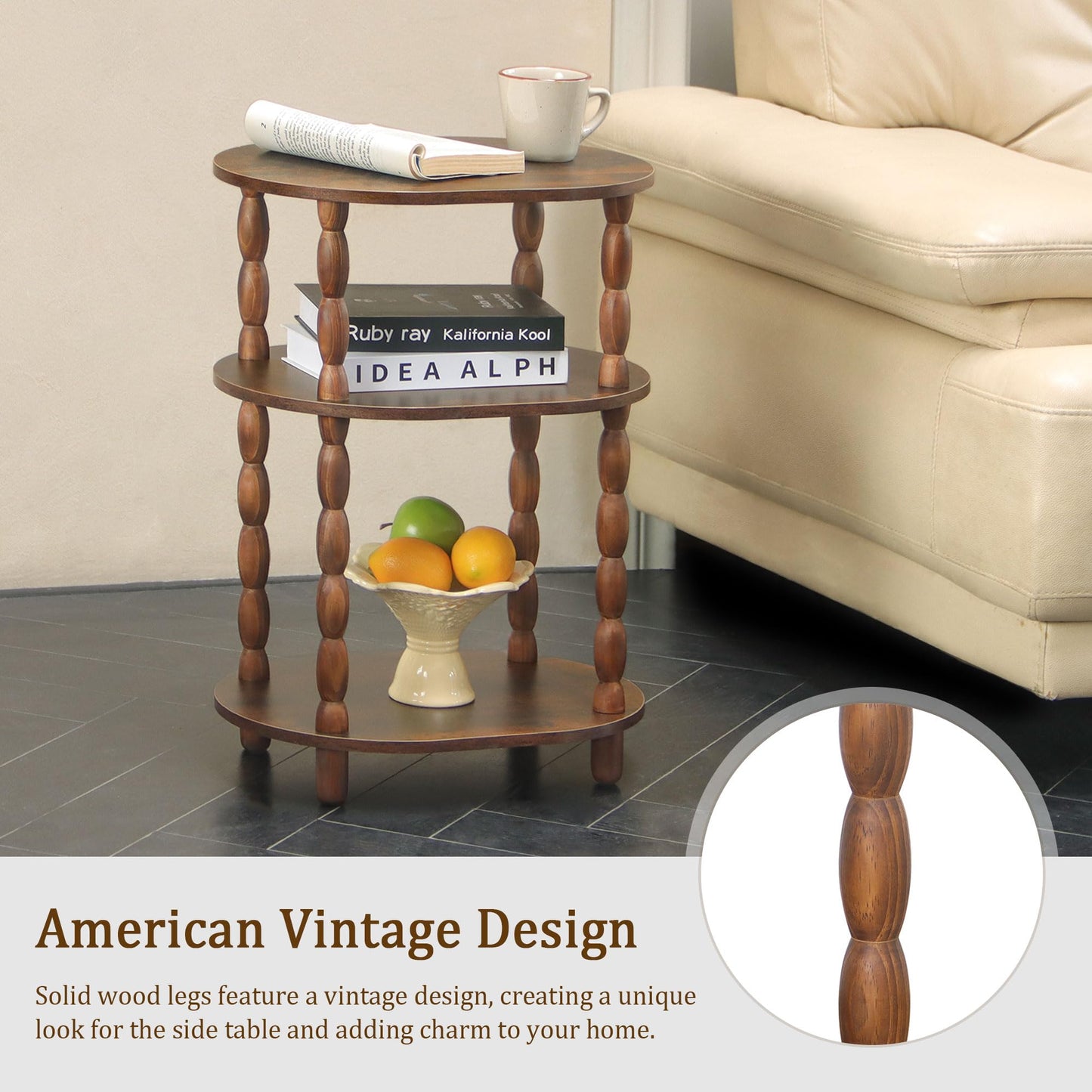 MaxSmeo Side Table, 3-Tier Small End Table, Modern Oval Night Stand Accent Table for Living Room, Bedroom, Rustic Brown