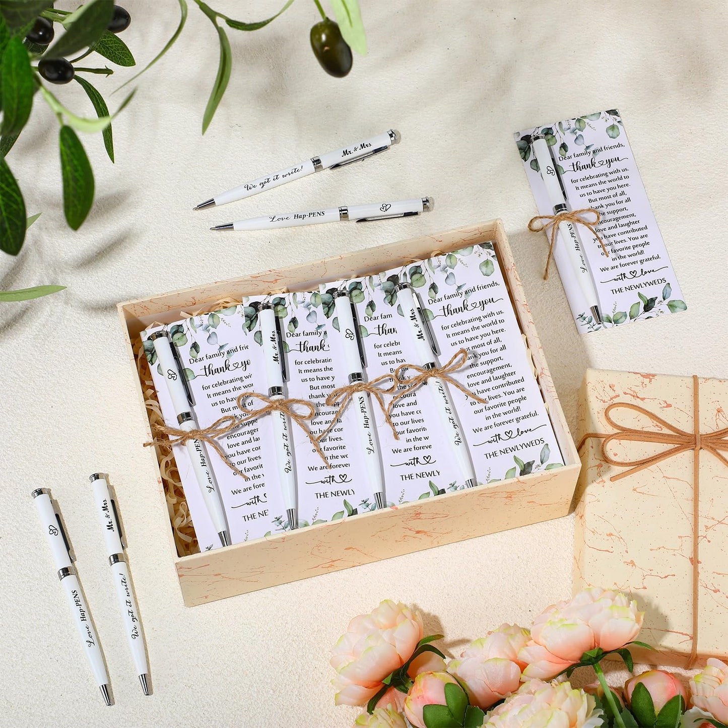 Affrolling 100 Sets Wedding Favors for Guests Bulk Retractable Ballpoint Pen Thank You Cards with Hemp Rope Bridal Shower Gift for Guest Wedding Souvenirs Newlyweds Party Supplies